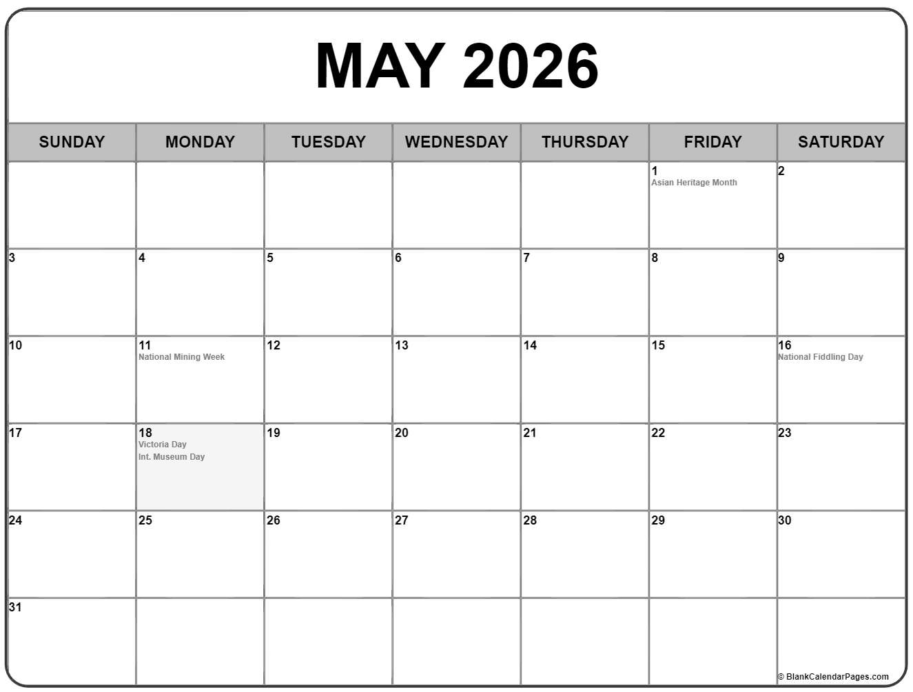 May 2026 Calendar Canada Holidays