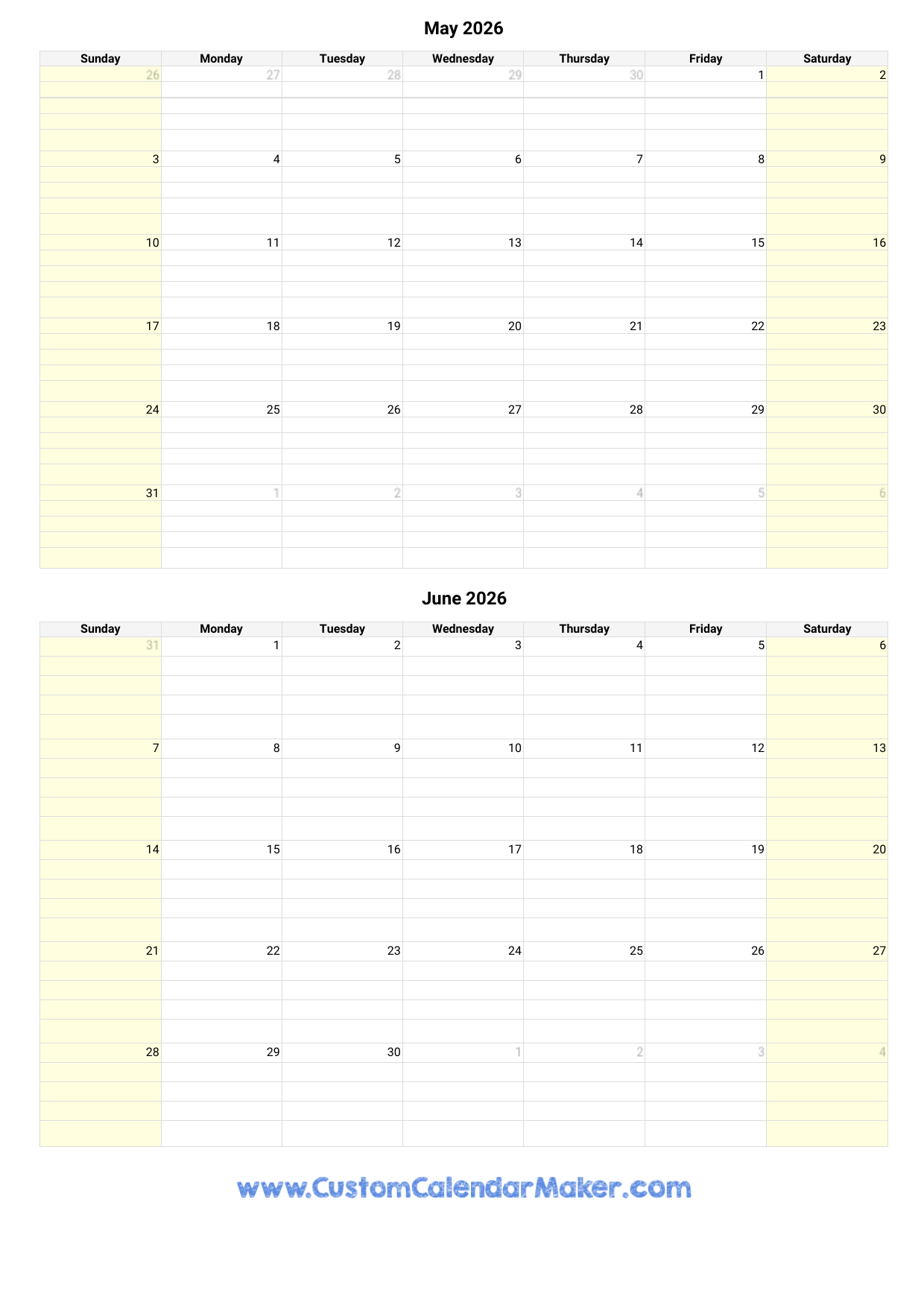 May June July 2026 Calendar Printable