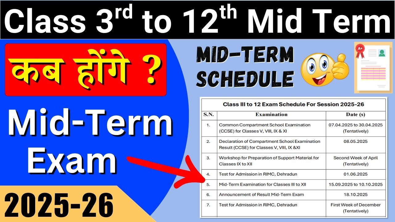 Mid Term Exam 2025 26 Date Sheet Class 3 To 12 Mid Term Exam Date Shet Result