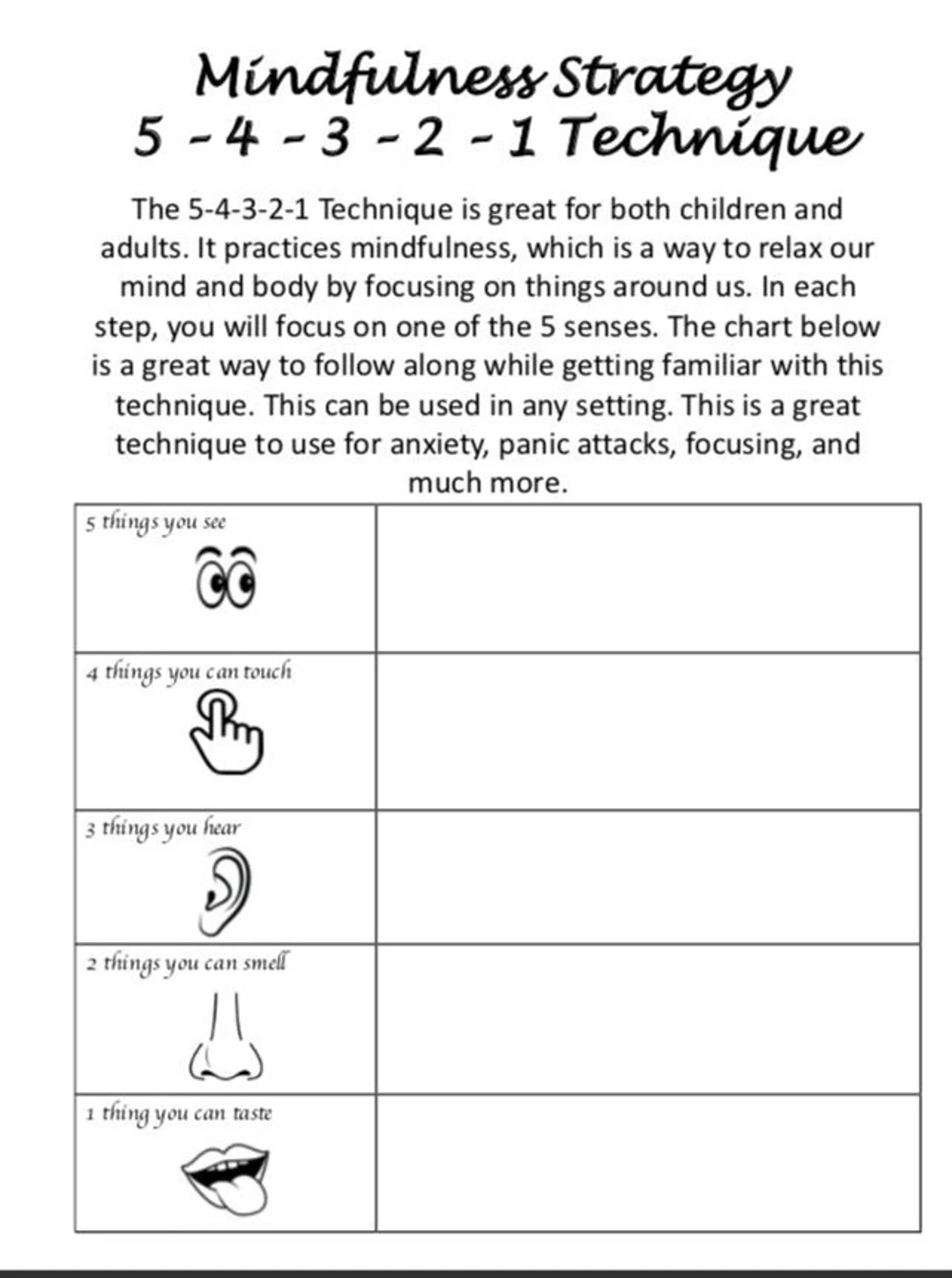 Mindfulness Worksheet Printable 5 4 3 2 1 Technique Etsy UK