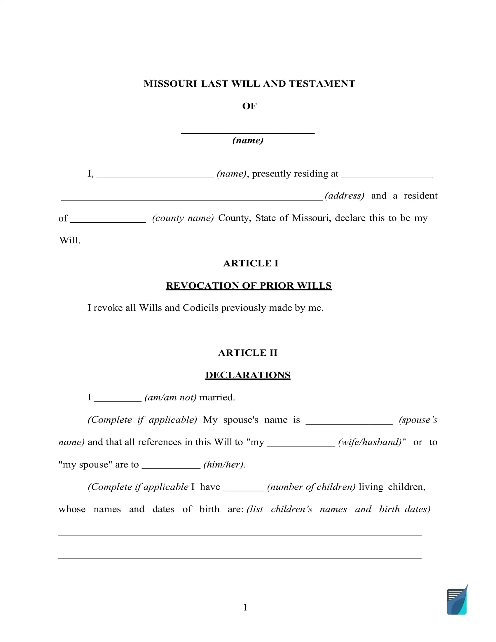 Missouri Last Will And Testament Form Free Template FormsPal
