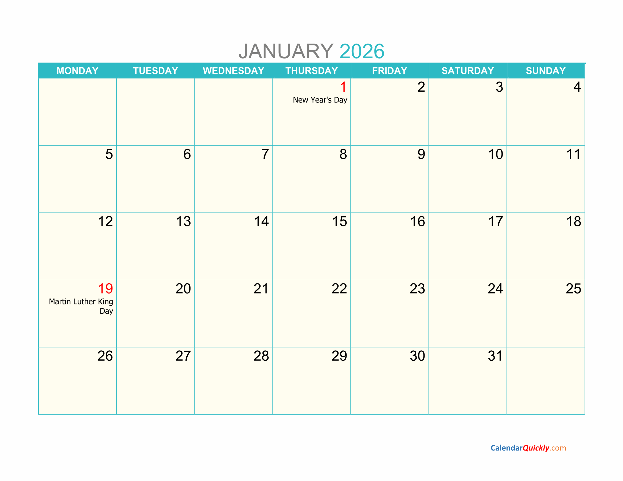 2026 Calendar Printable Starting Monday December