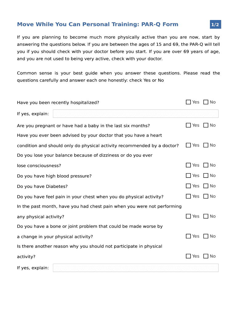 Move While You Can Personal Training Form Fill Online Printable 