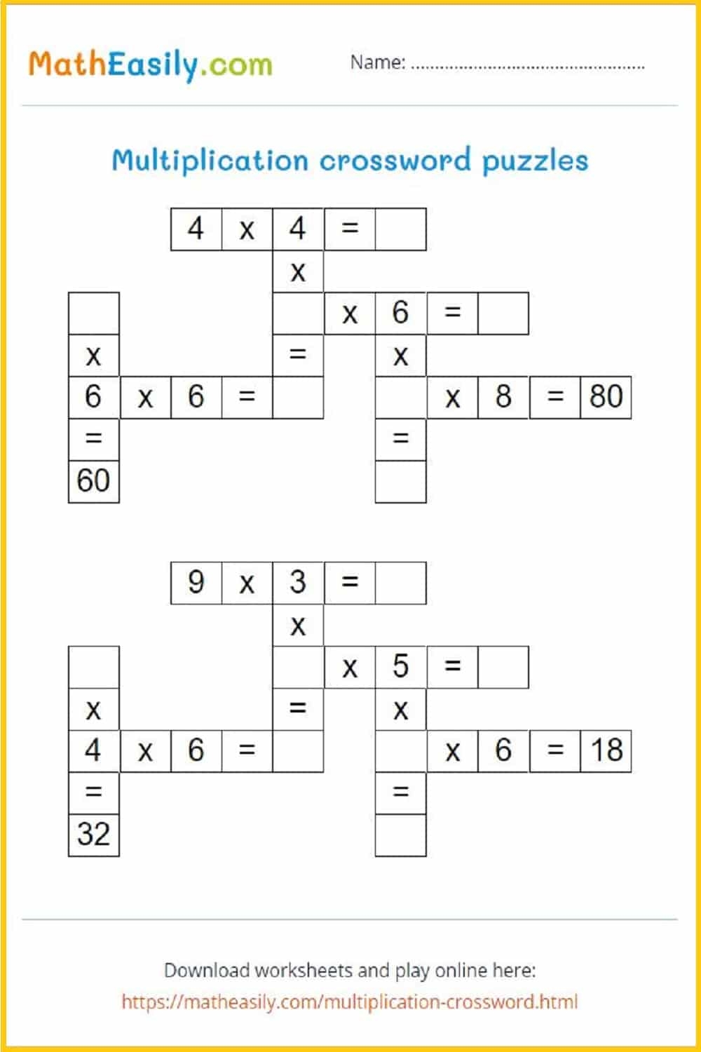 Free Printable Math Cross Number Puzzles