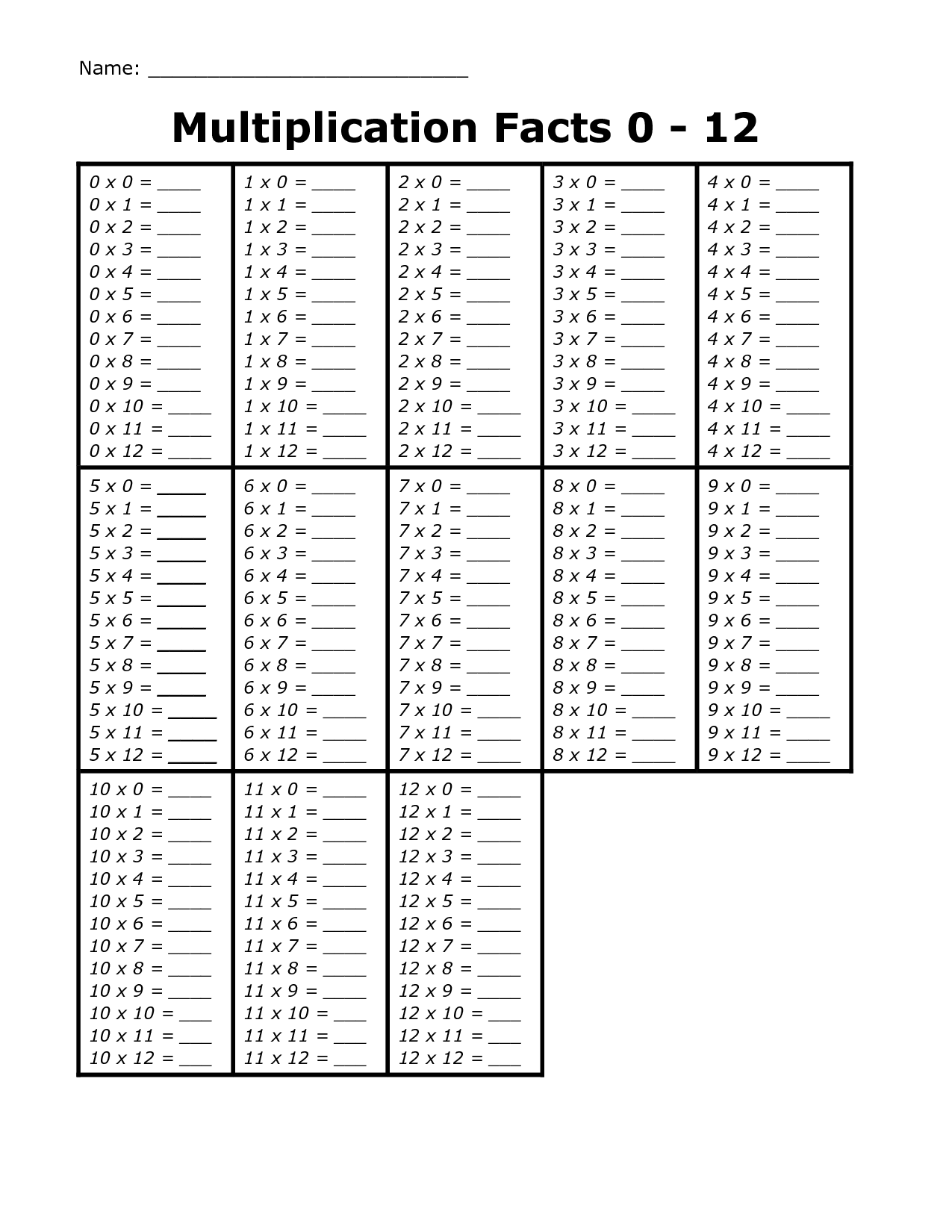 Multiplication Facts 0 12 Printable Flashcards And Worksheets 
