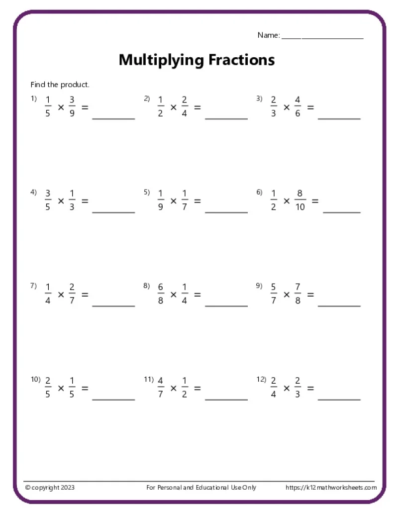 Multiplying Fractions Worksheets
