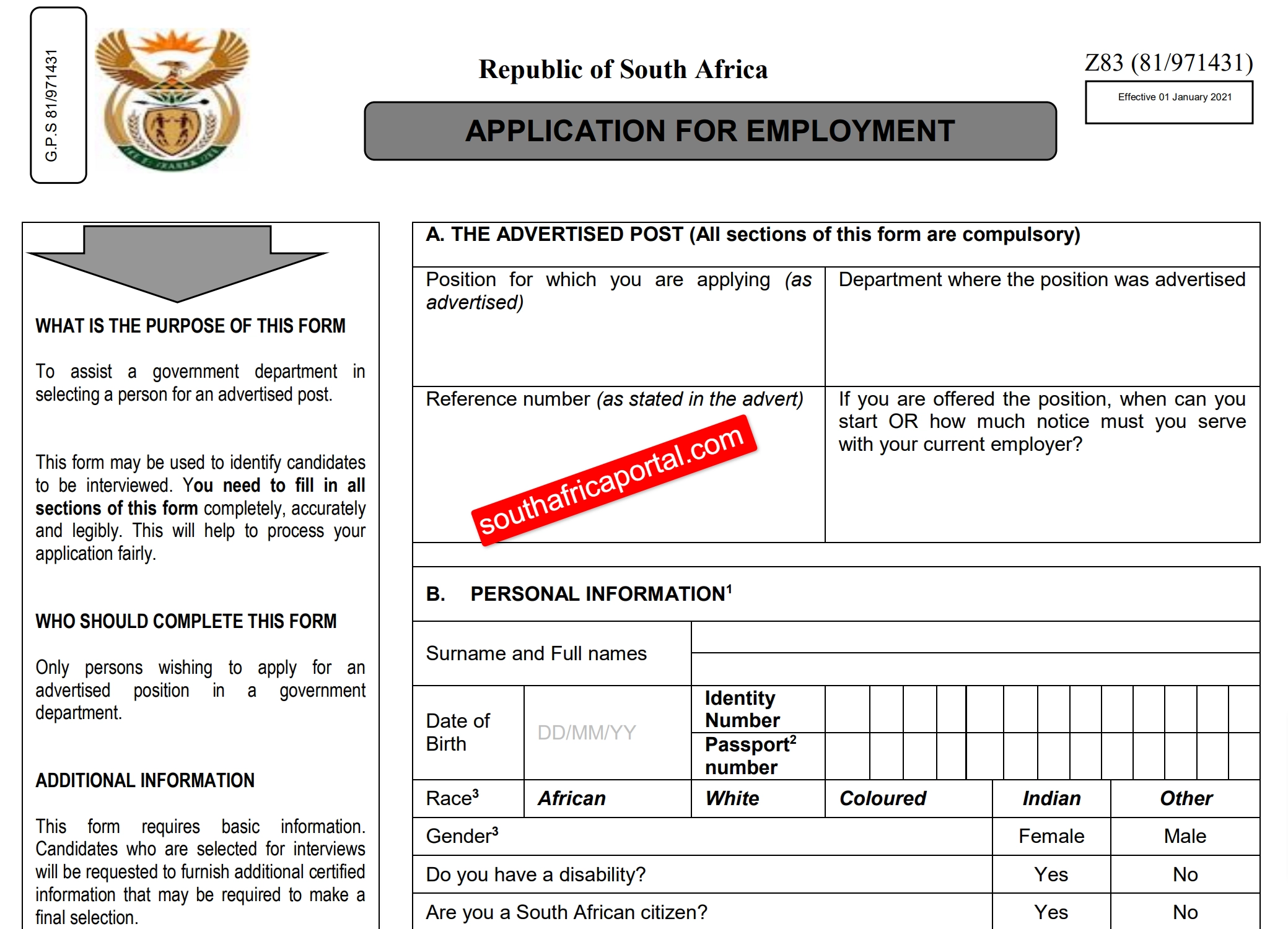 New Application Z83 Form 2026 PDF Download South Africa Portal