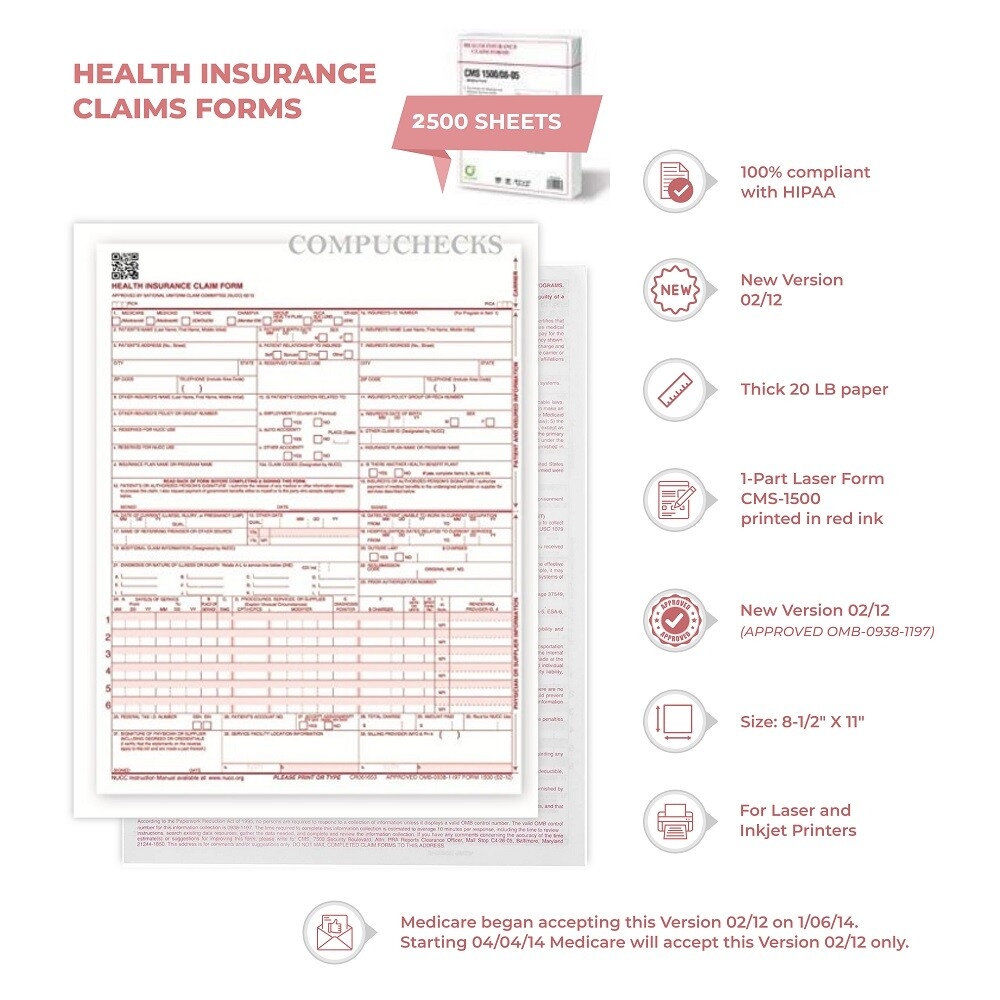 NEW CMS 1500 Claim Forms HCFA Version 02 12 2500 Sheets 