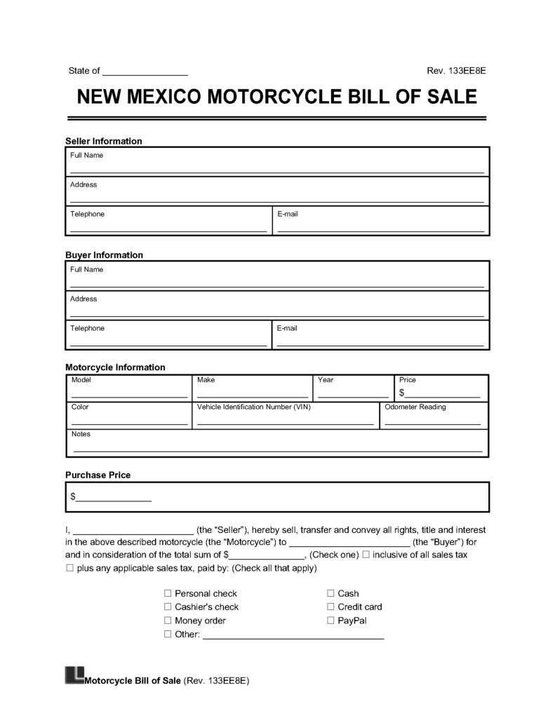 Bill Of Sale Form Printable Nm