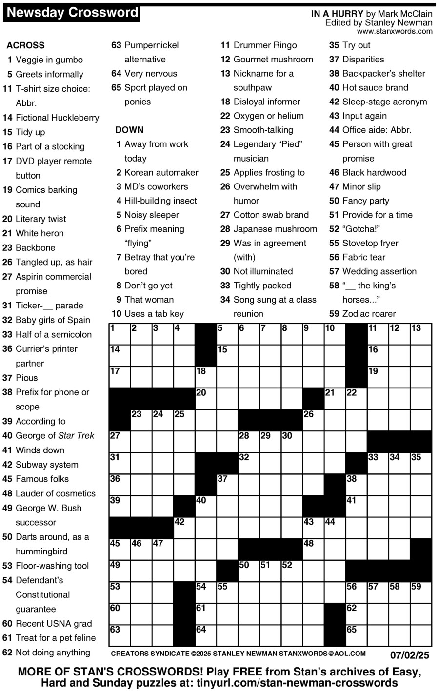 Newsday Crossword Puzzle For Jul 02 2025 By Stanley Newman 