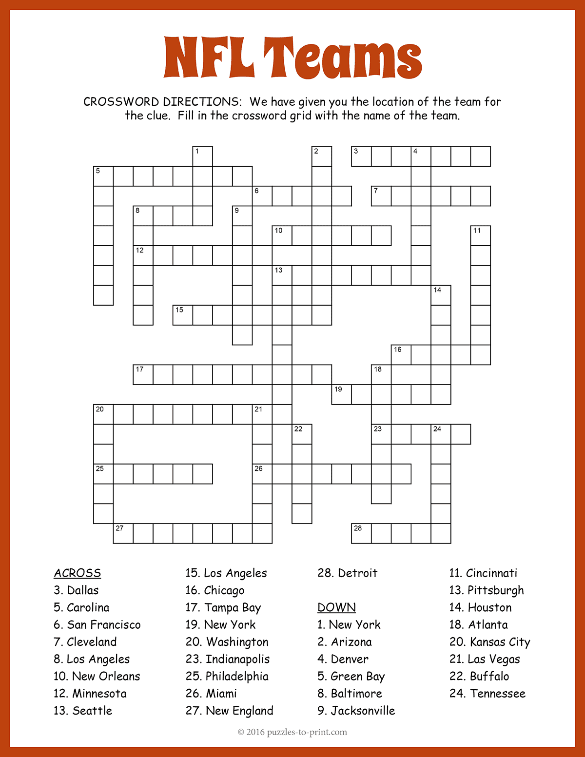 NFL Teams Crossword
