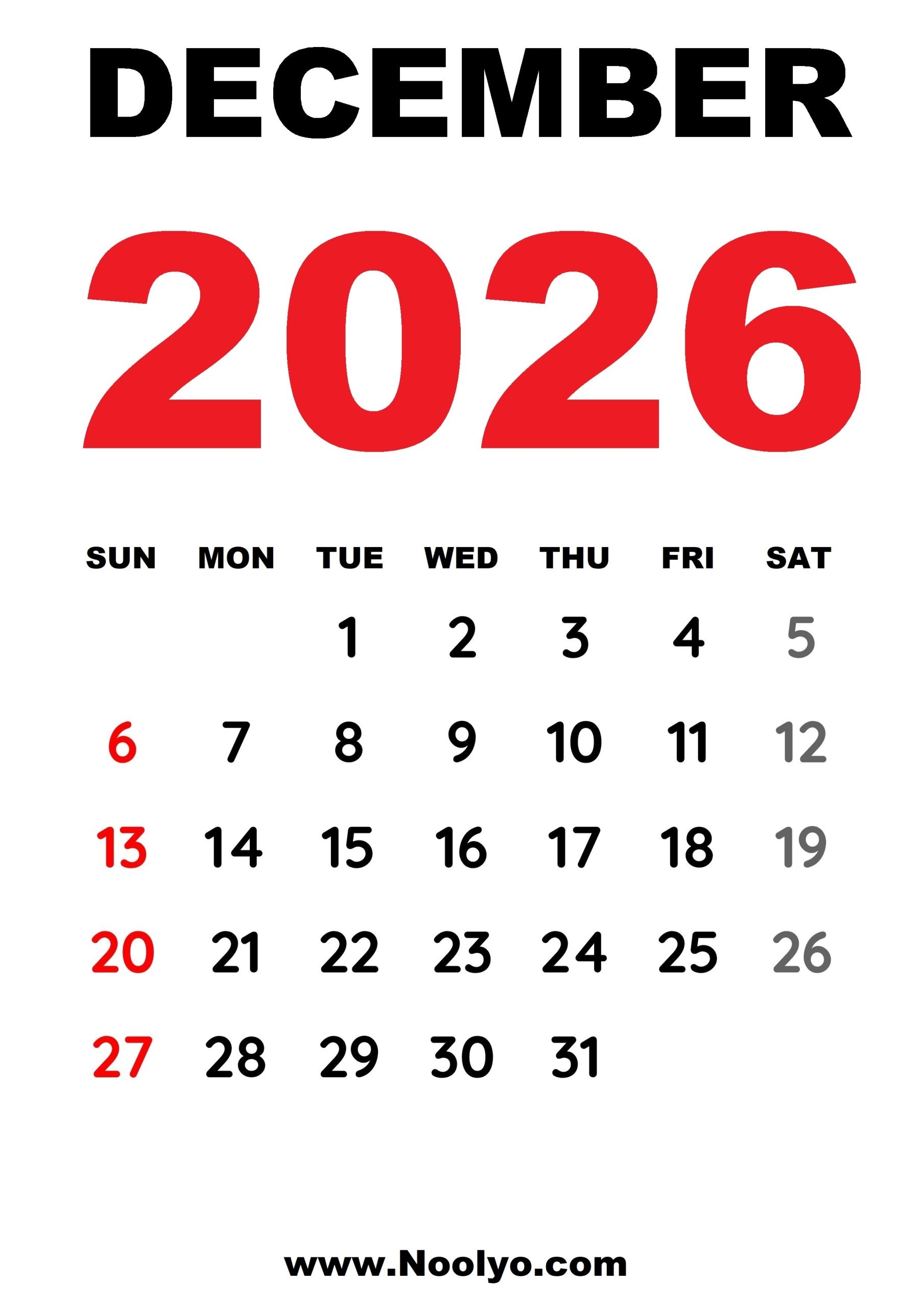 1 Page Printable Calendar December 2026