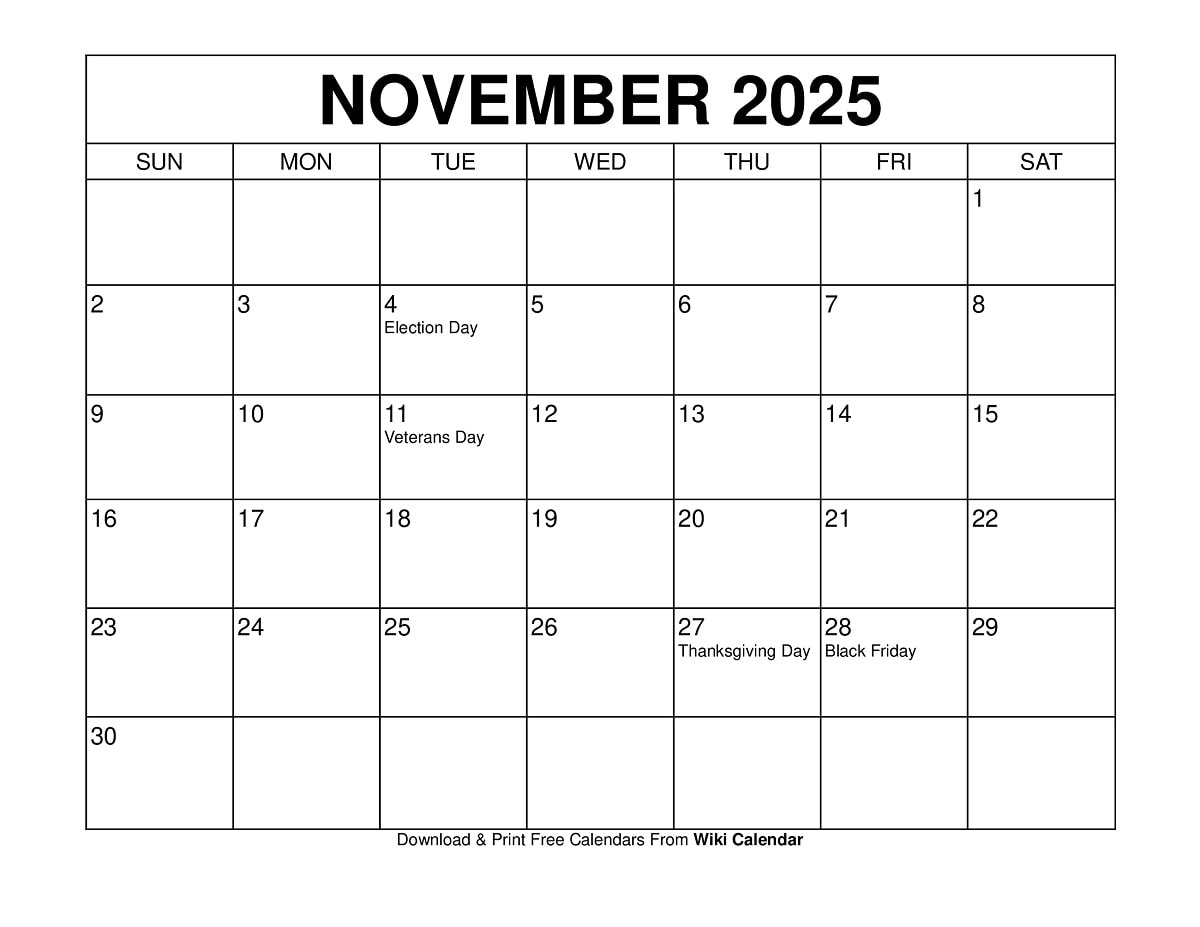 Free Printable November 2026 Town Calendar
