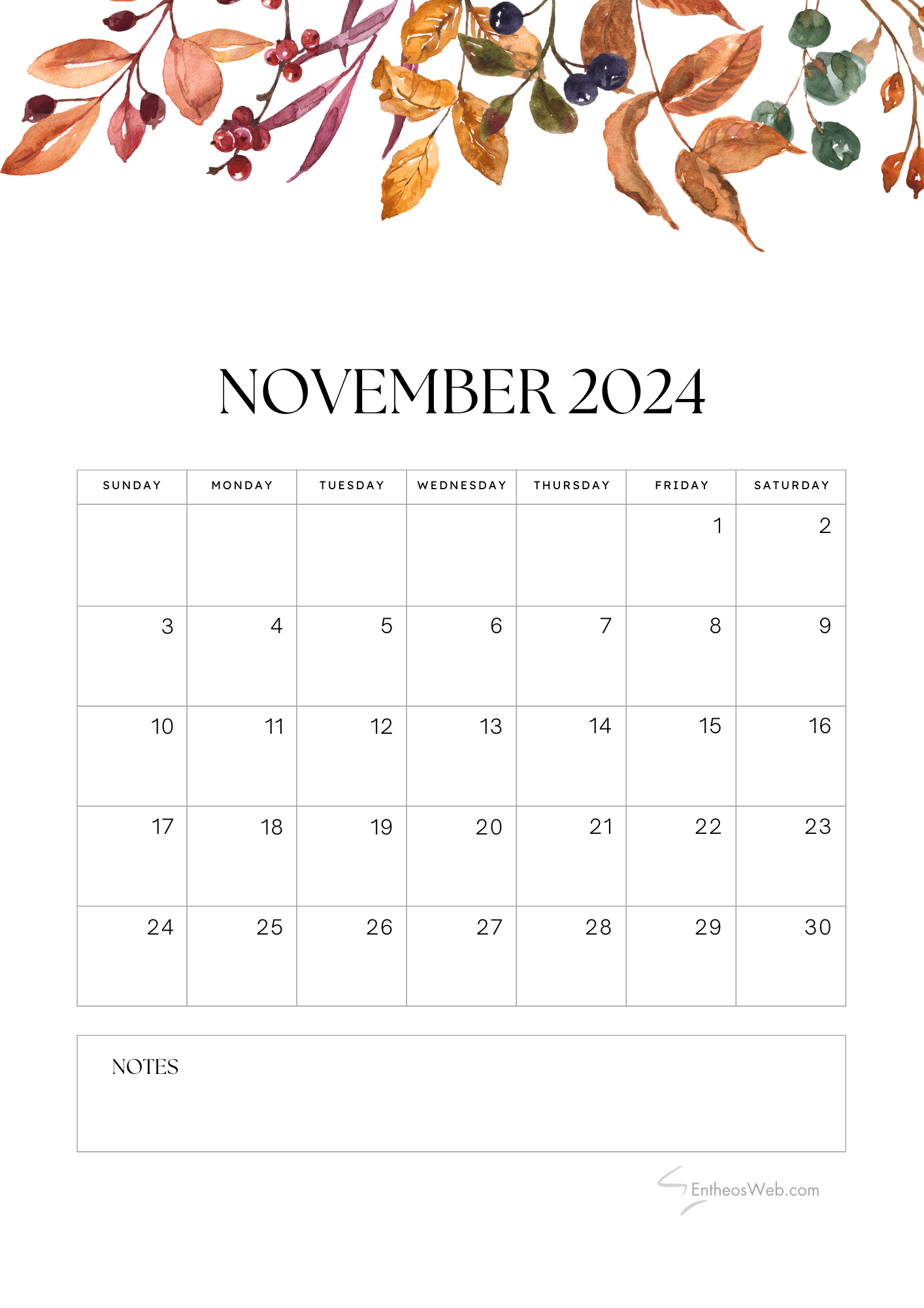 Printable Fall November Calendar