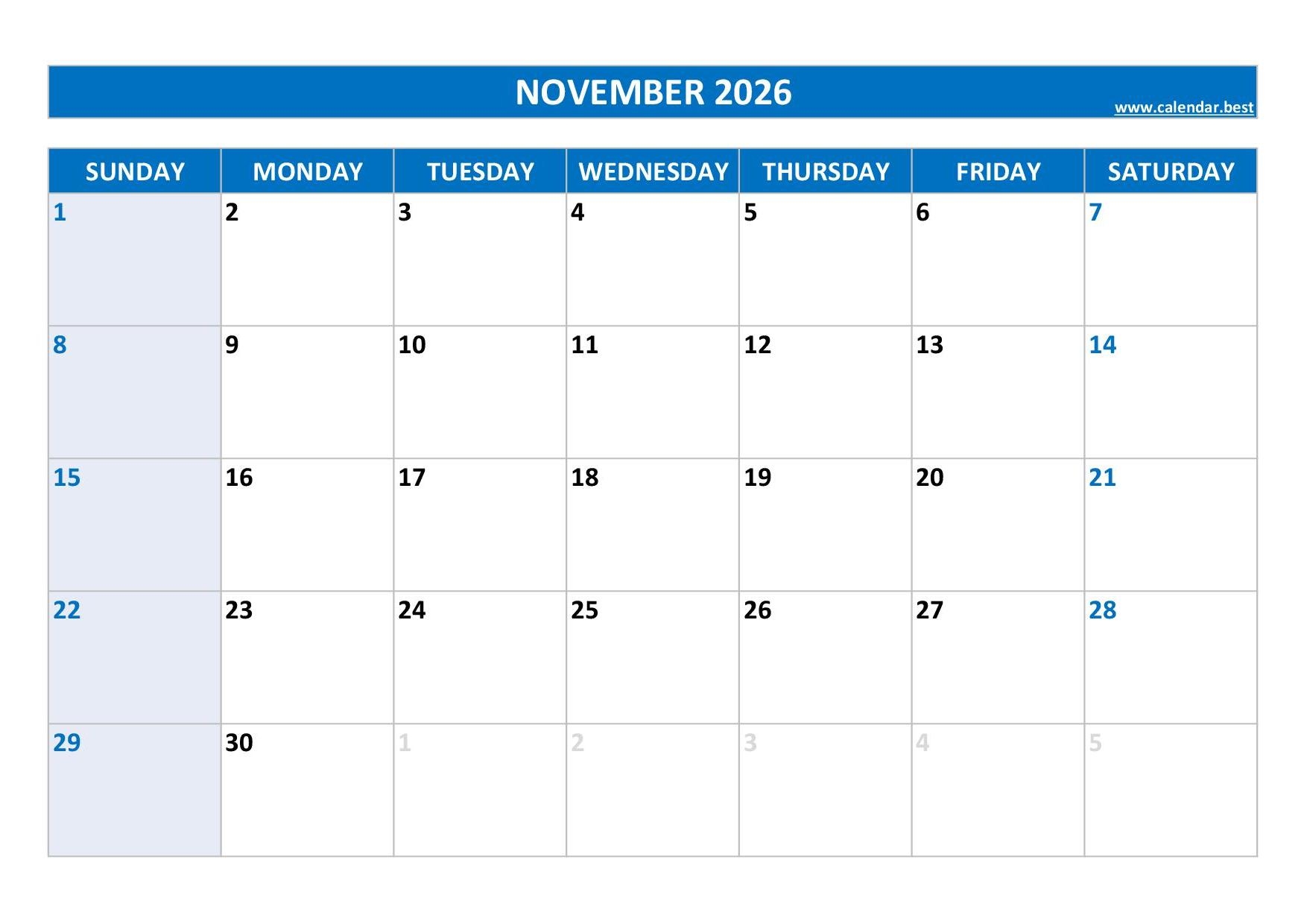 Printable Calendar Template November 2026