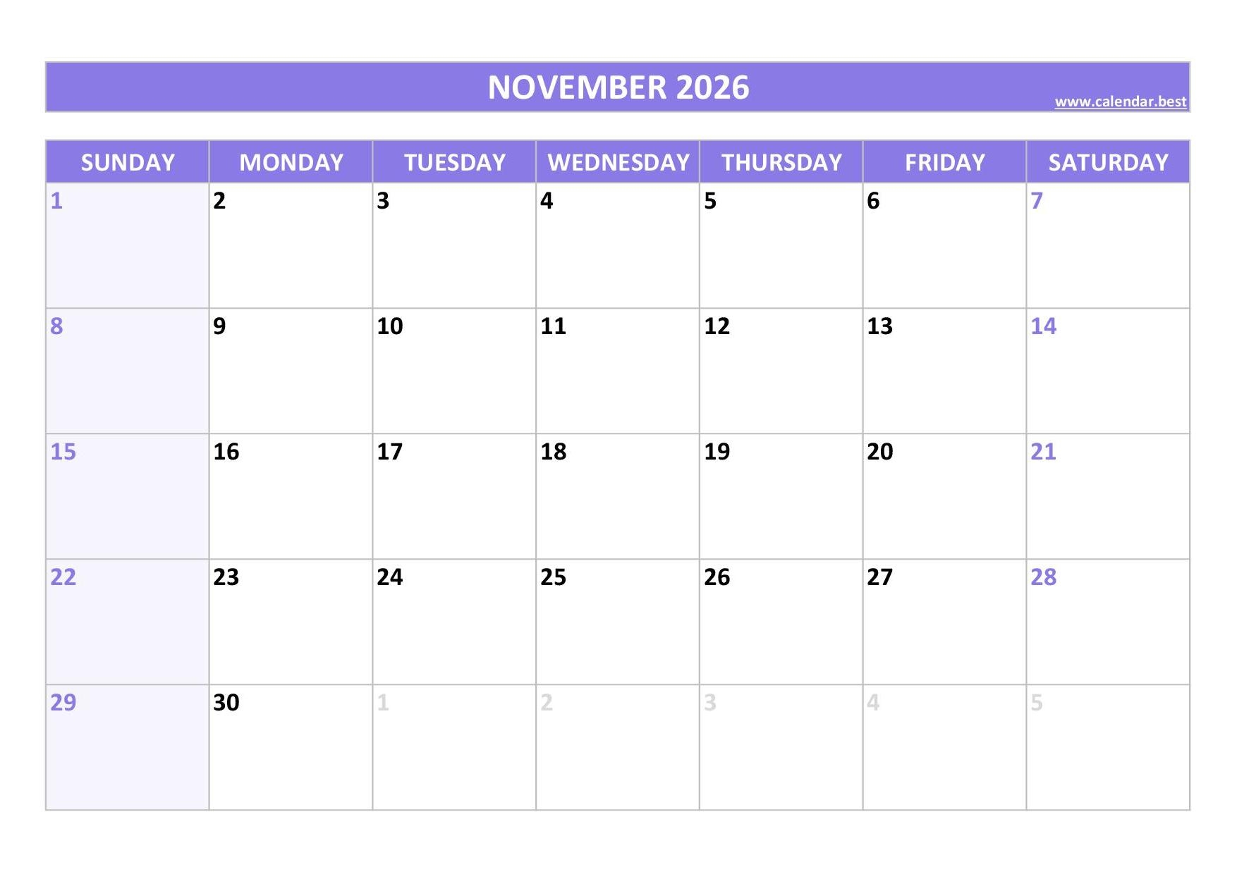 November 2026 Calendar Calendar best