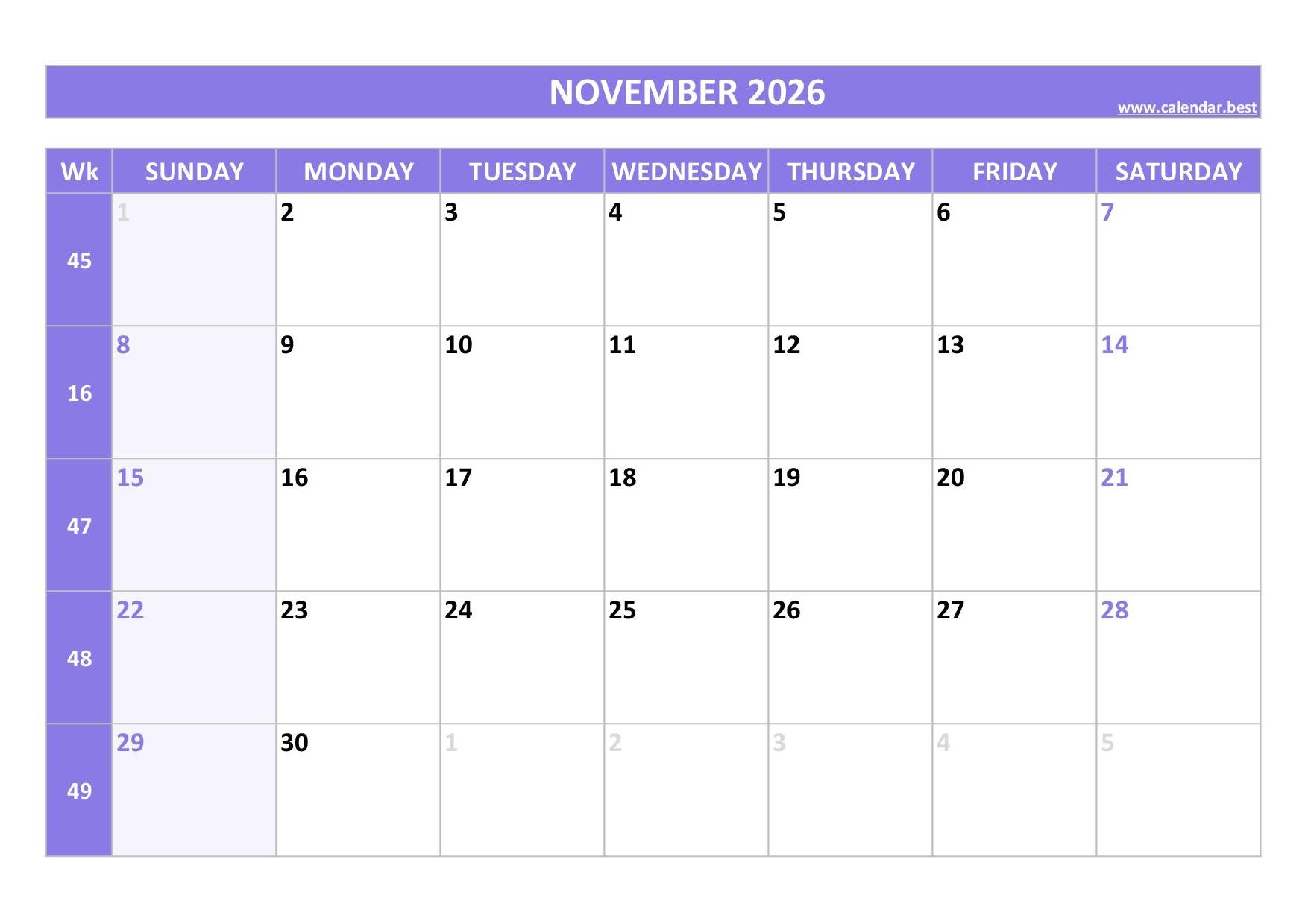 Printable Lined Calendar November 2026