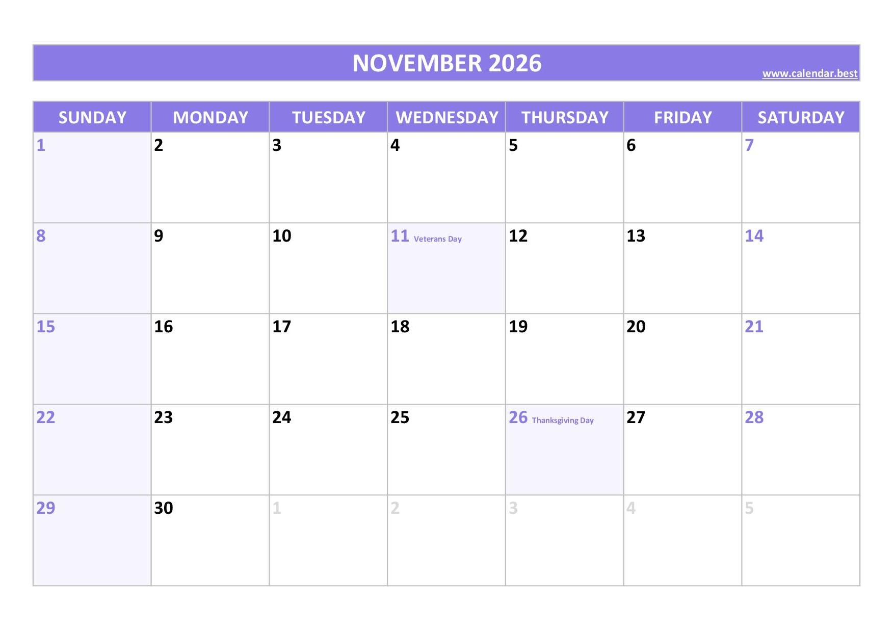 Printable Calendar In Word November 2026