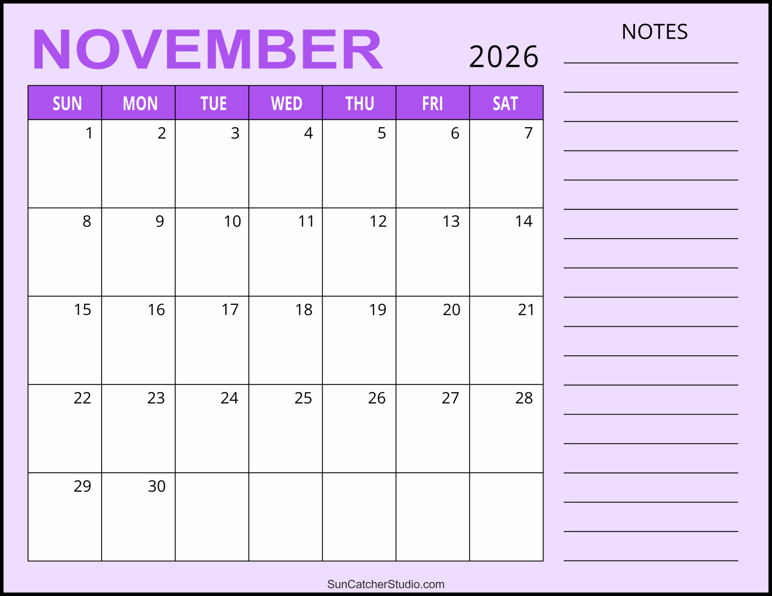 Calendar November 2026 Blank Printable