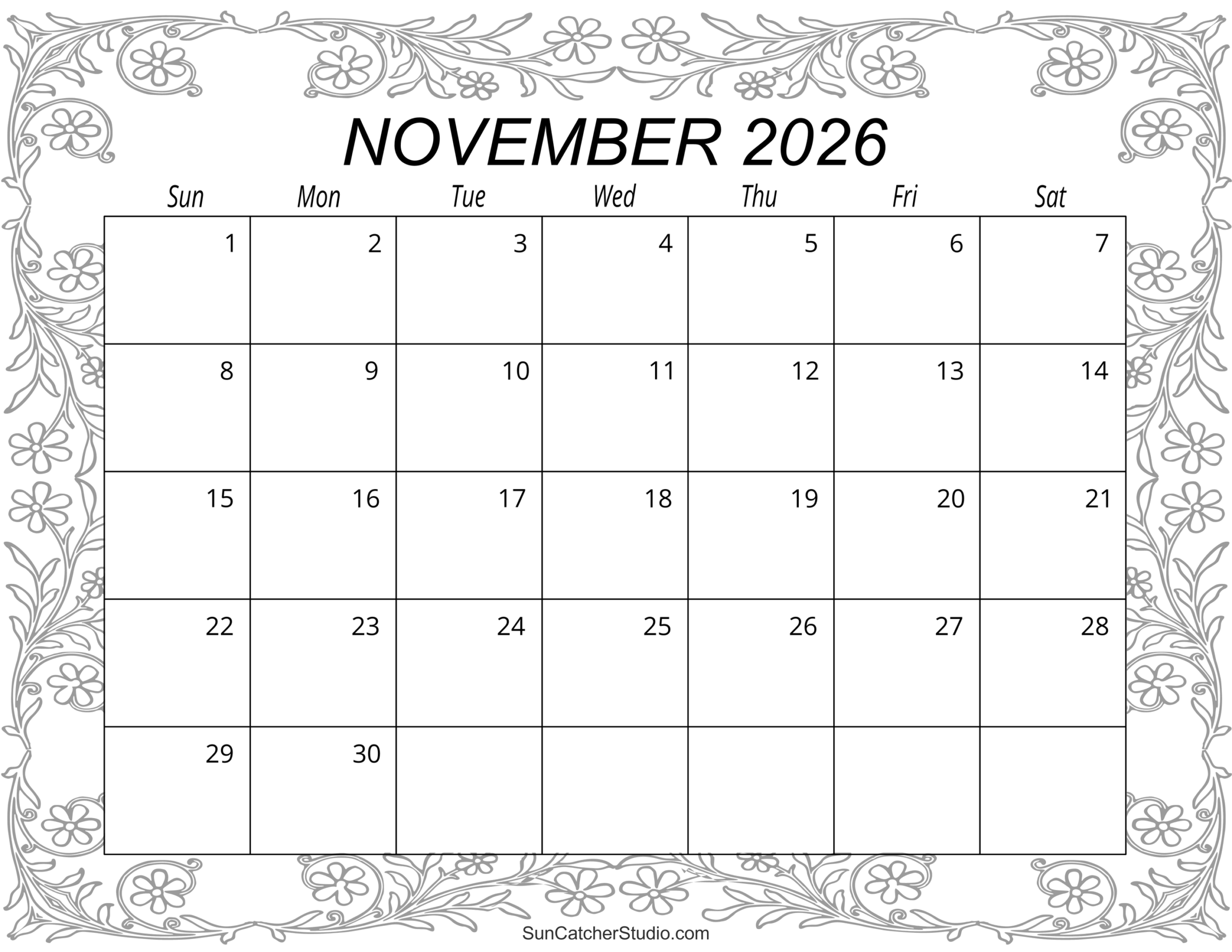 November Calendar 2026 Printable Wide Lines