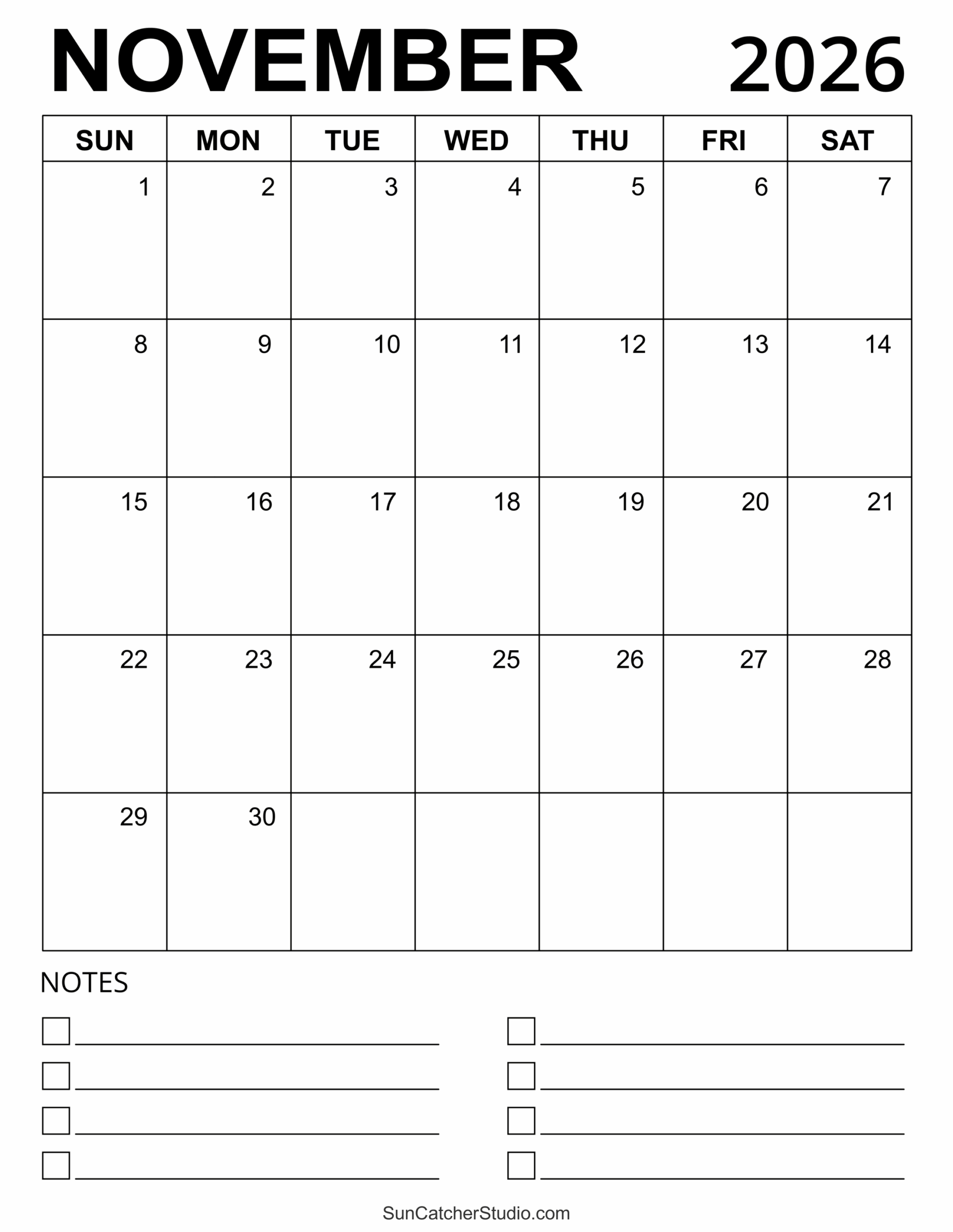November Blank Kids Calendar 2026 Printable