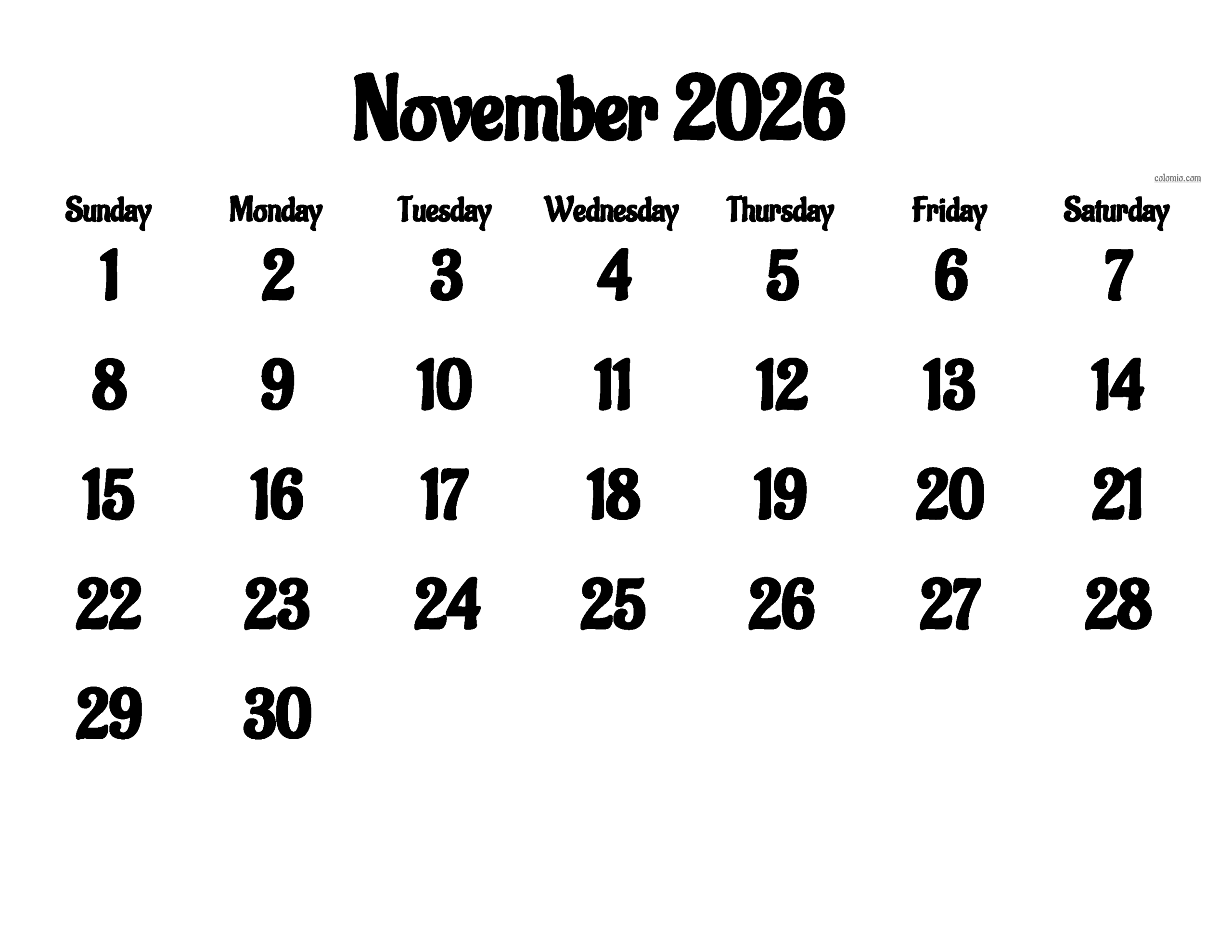 Weekly Calendar Printable November 2026