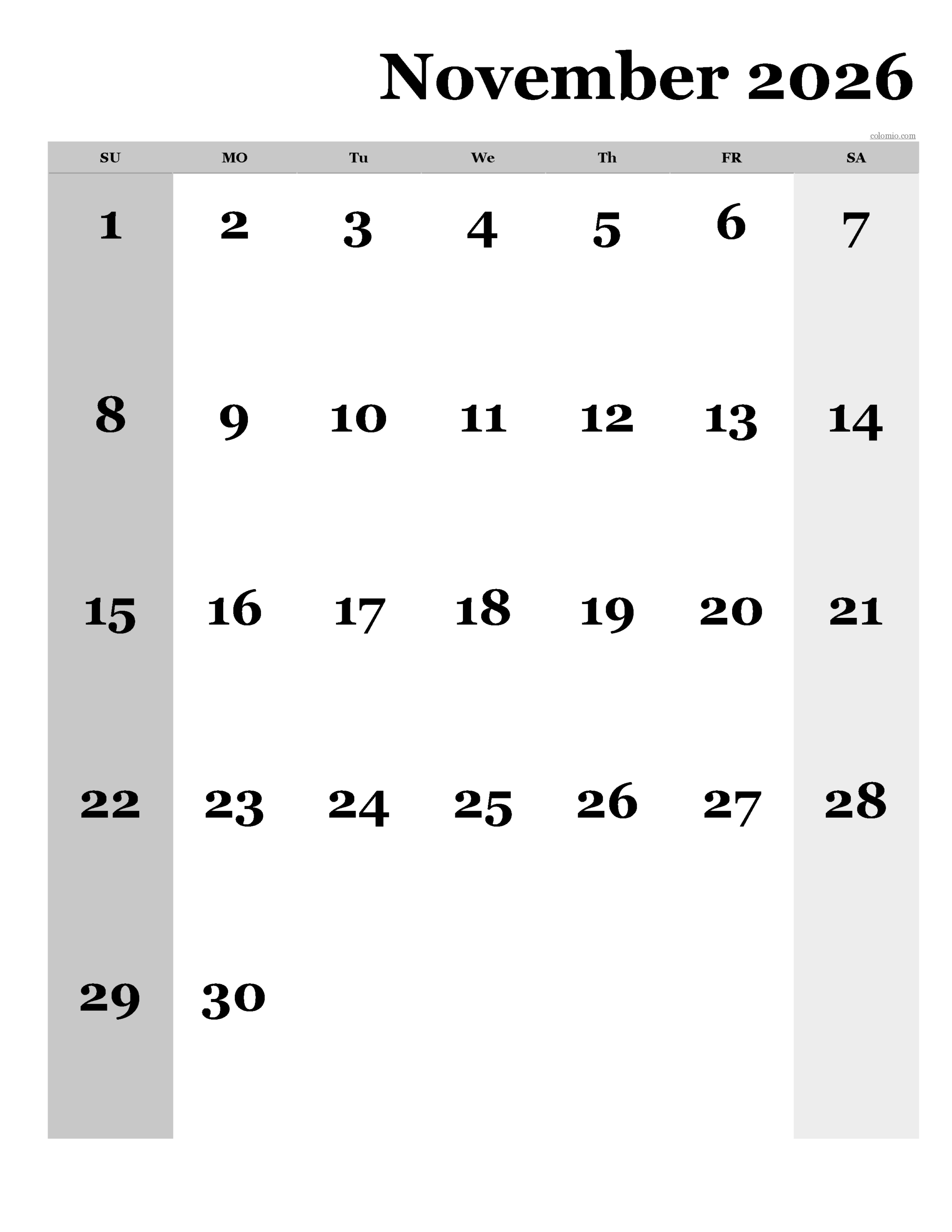 November 2026 Calendar Free Printable PDF XLS And PNG