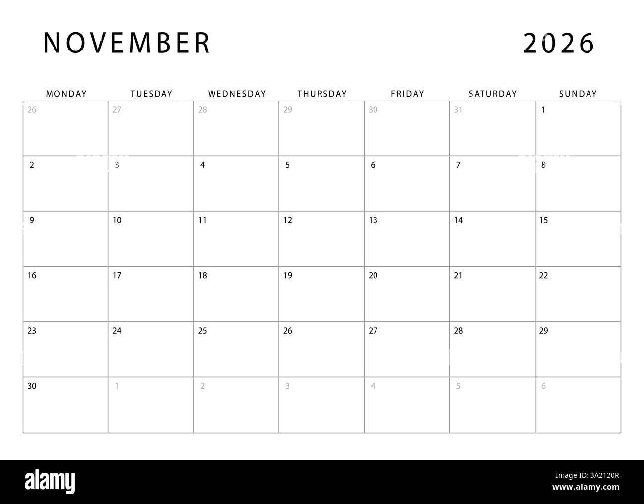 Blank Calendar 2026 November Printable