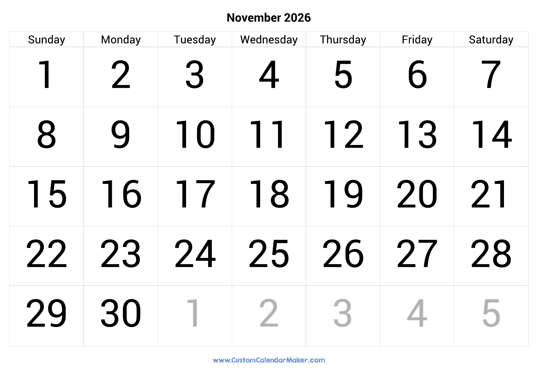 Printable Large Print Calendar November 2026