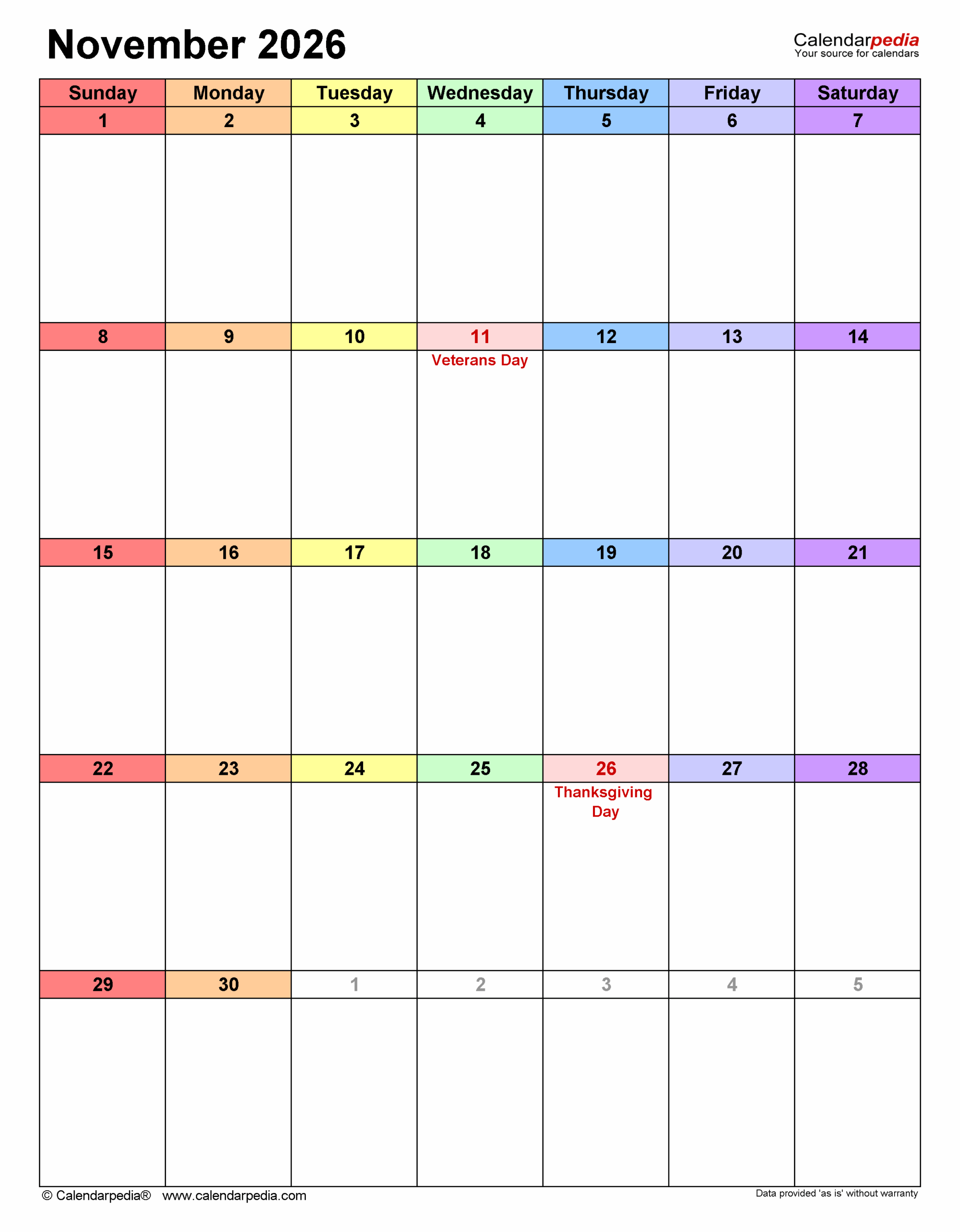 Printable Month Calendar November 2026 Portrait