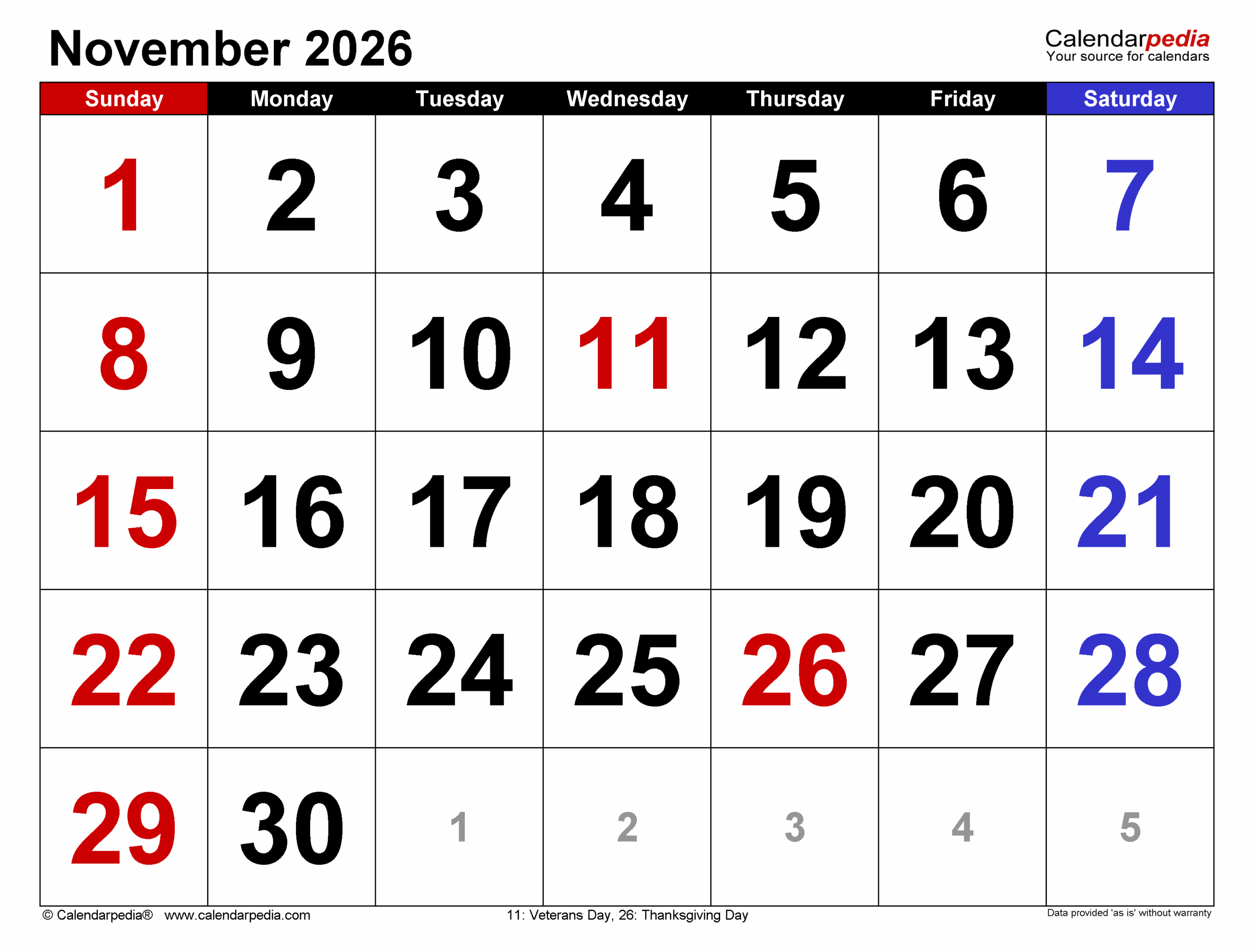 November Calendar 2026 Printable Page Size