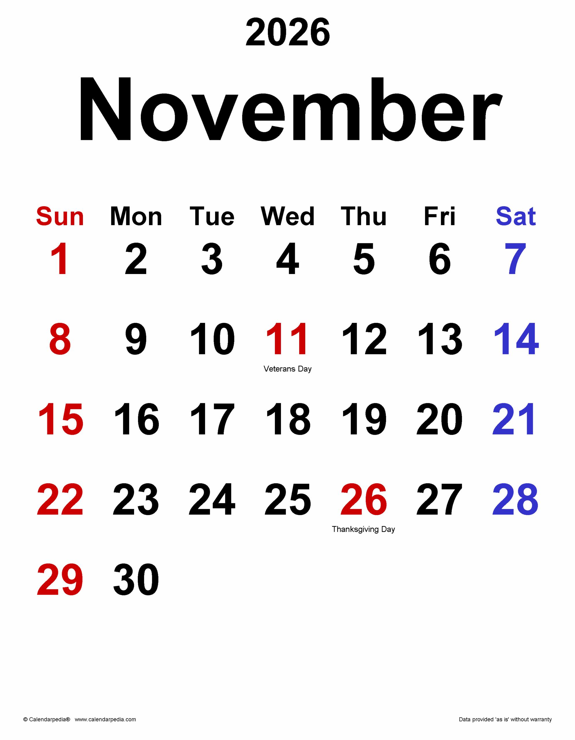 Vertical Printable November 2026 Calendar