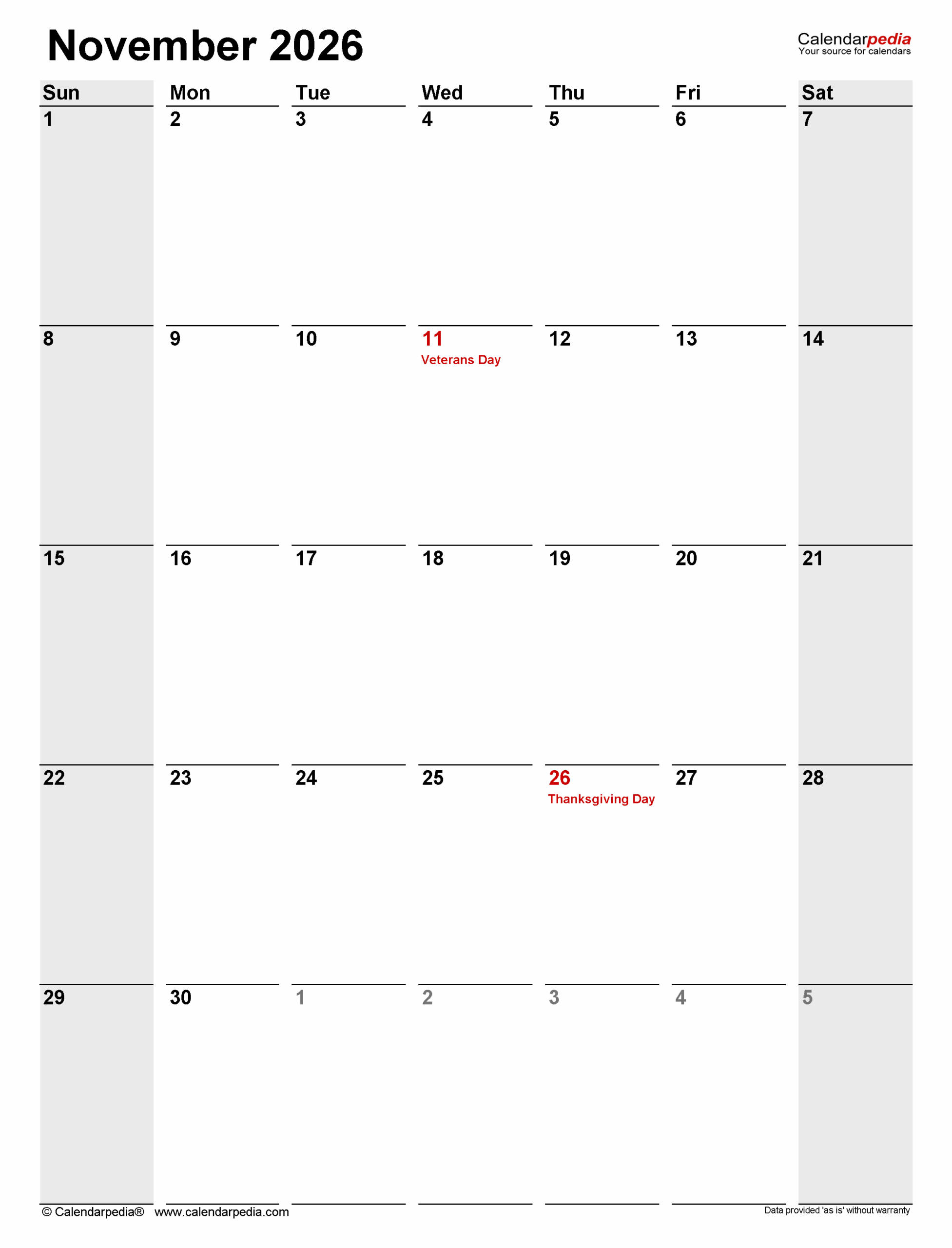 Mini November 2026 Printable Calendar