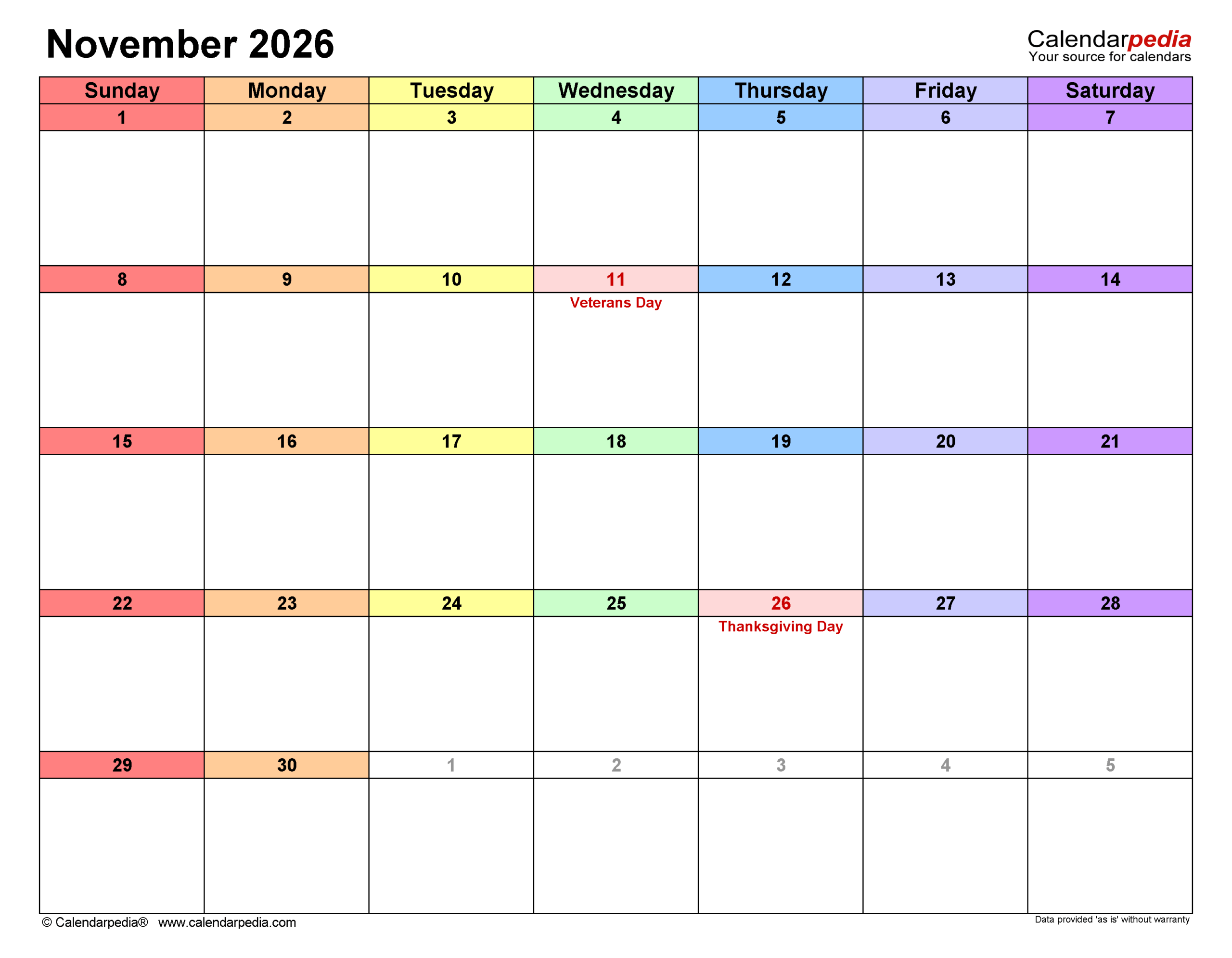 November 2026 Day Calendar Printable