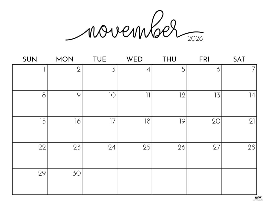 November 2026 Calendars 123 FREE Printables Printabulls