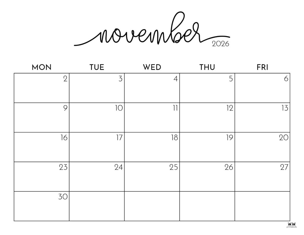 November 2026 Calendars 123 FREE Printables Printabulls