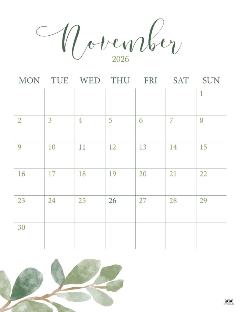 November 2026 Calendars 123 FREE Printables Printabulls