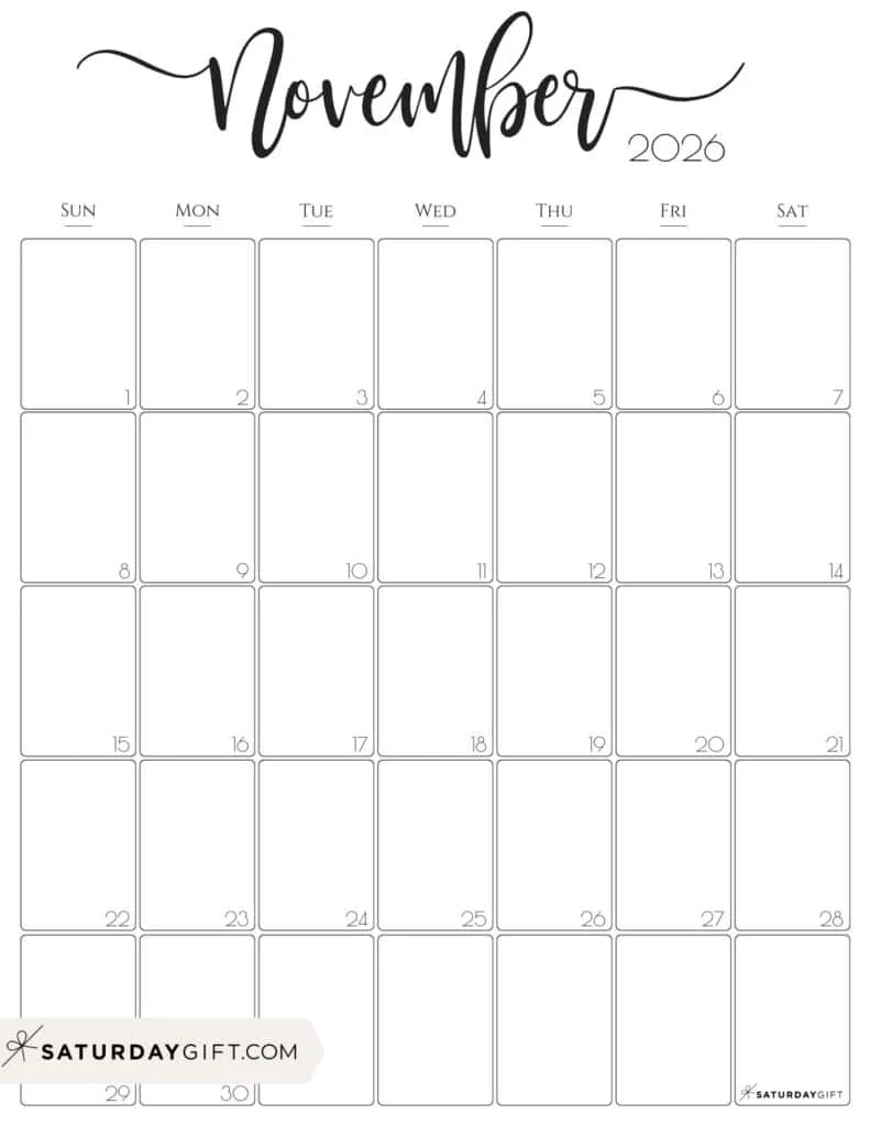 November 2026 Calendars 23 Cute Free Printable PDFs By SaturdayGift