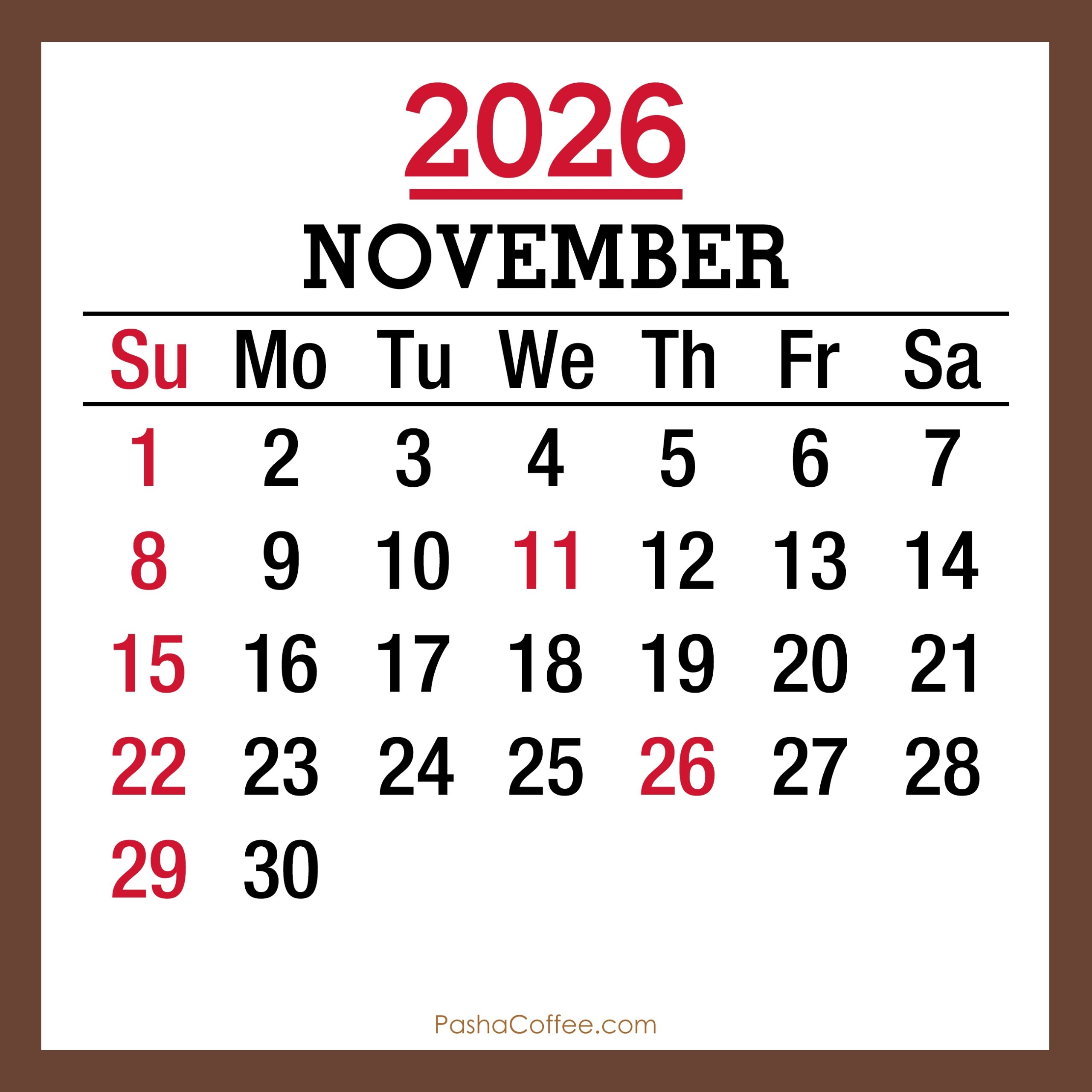 Holiday November 2026 Calendar Printable