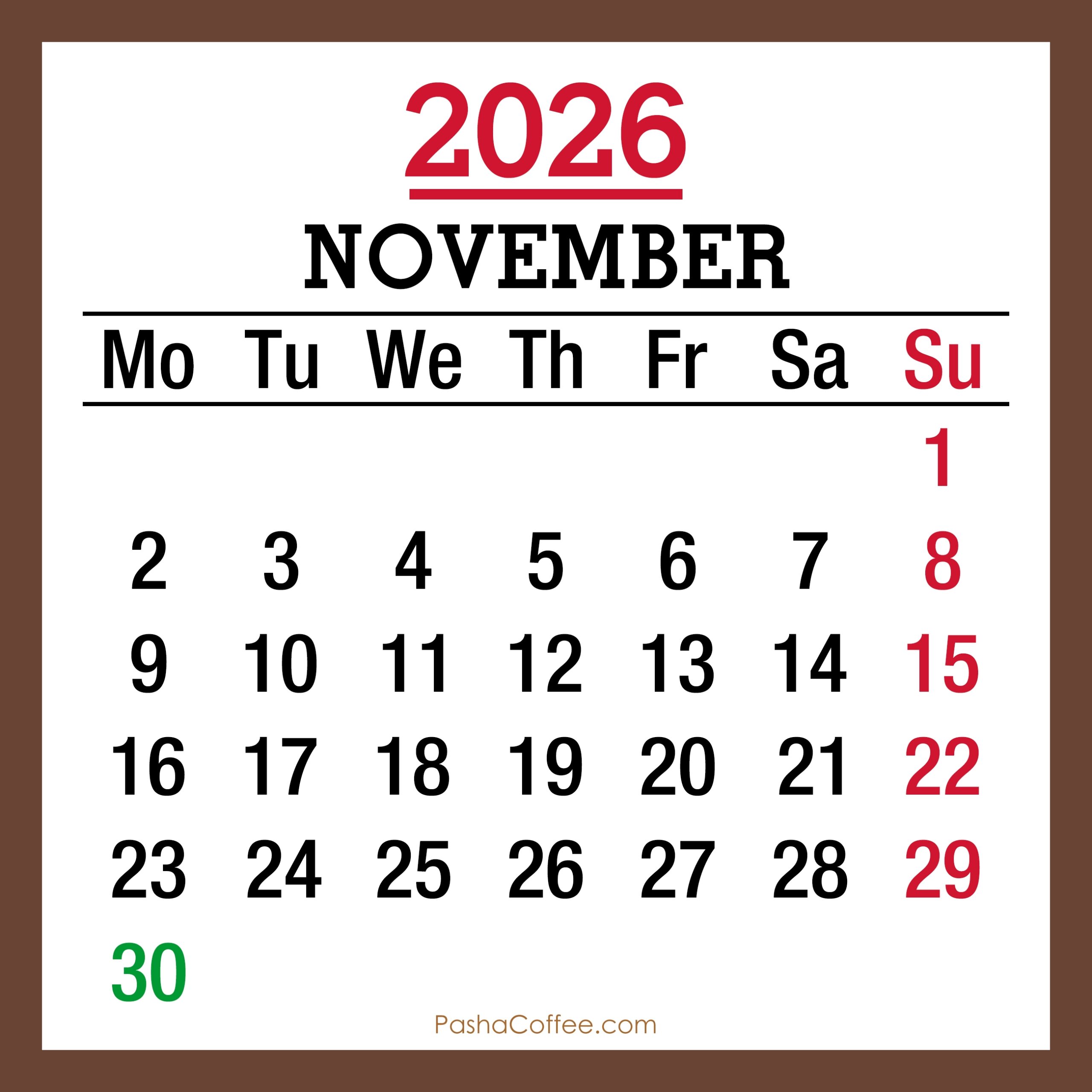 November 2026 Monthly Calendar With UK Holidays Printable Free 