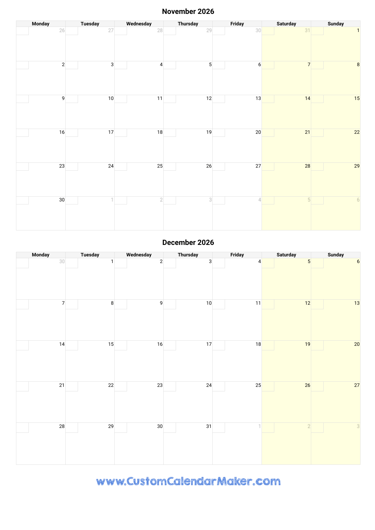 Free Printable Calendar 2026 November December