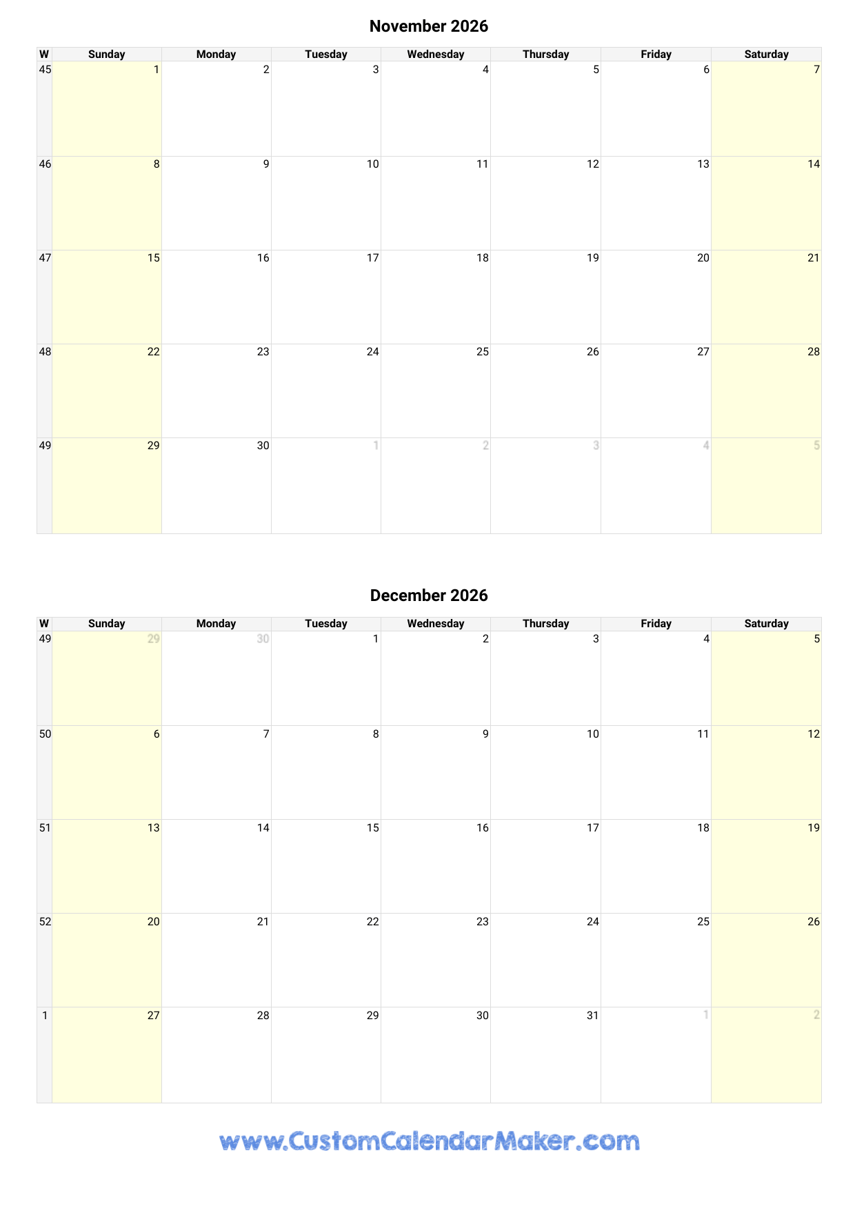 November 2026 Vertical Printable Calendar