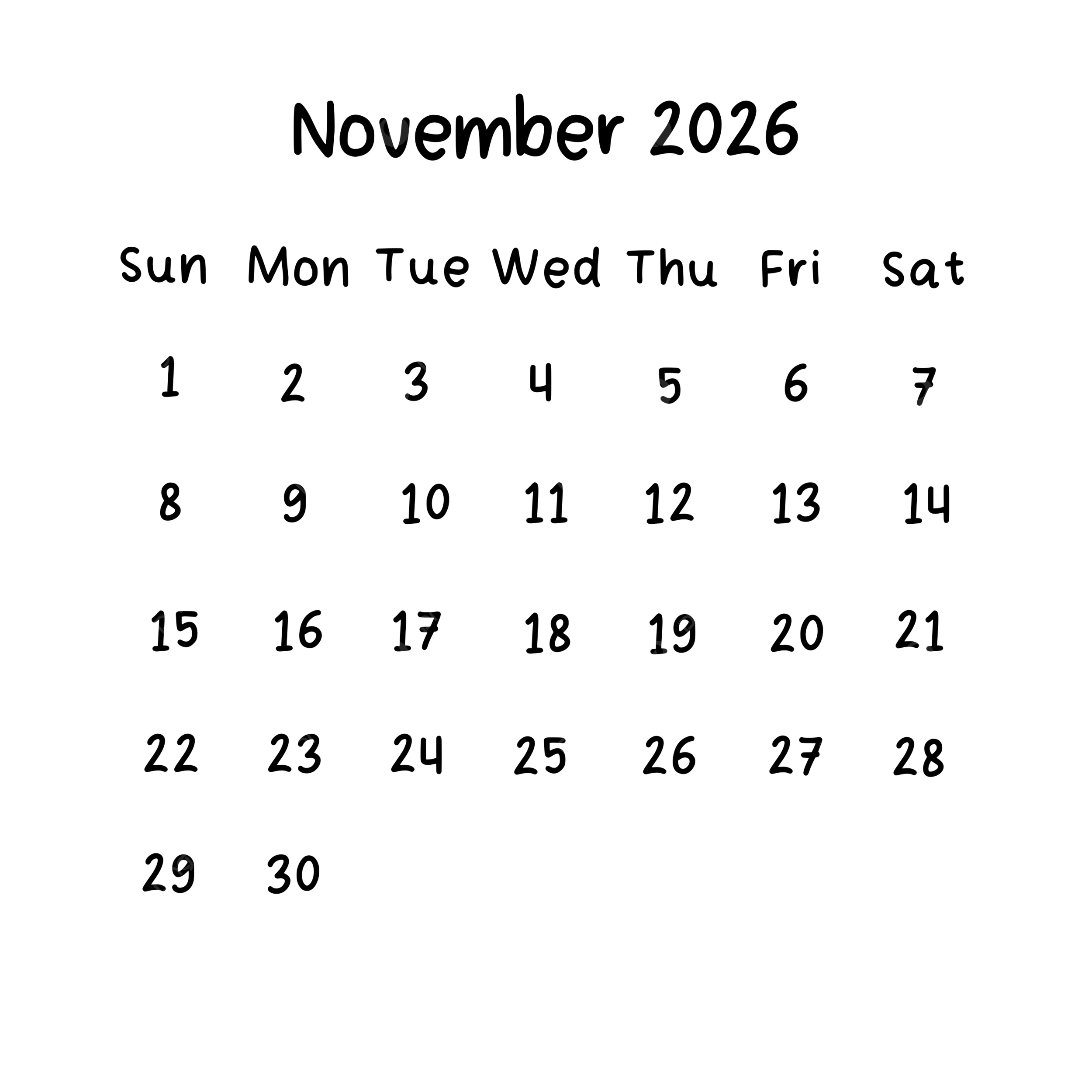 November Monthly Calendar 2026 In Black Color November 2026 