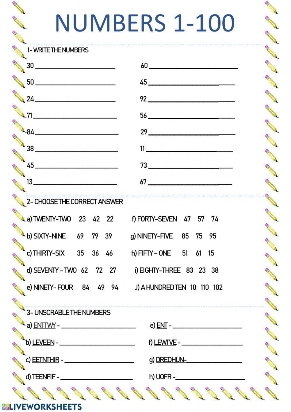 Numbers 1-100 Printable Worksheets