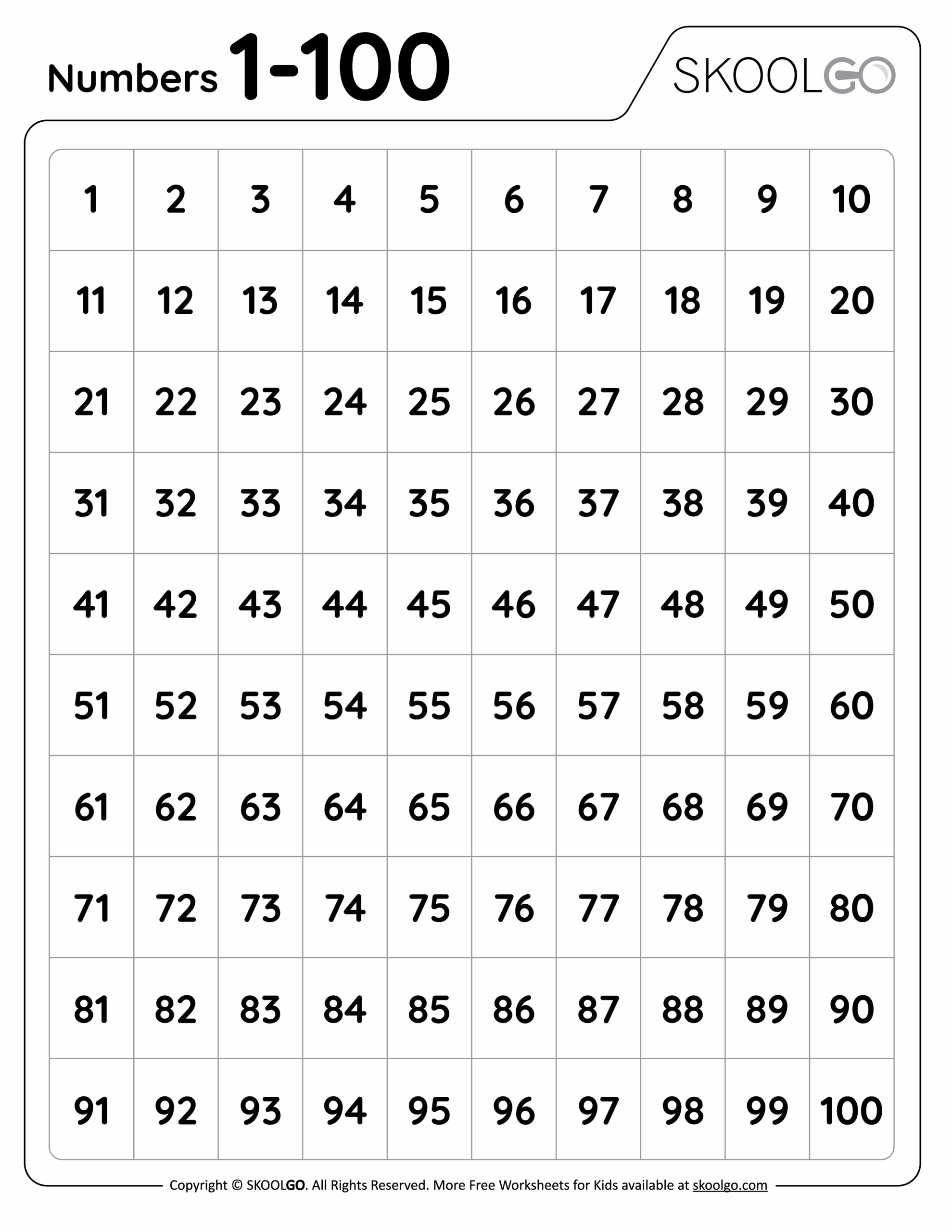 Numbers 1 To 100 Free Worksheet For Kids SKOOLGO