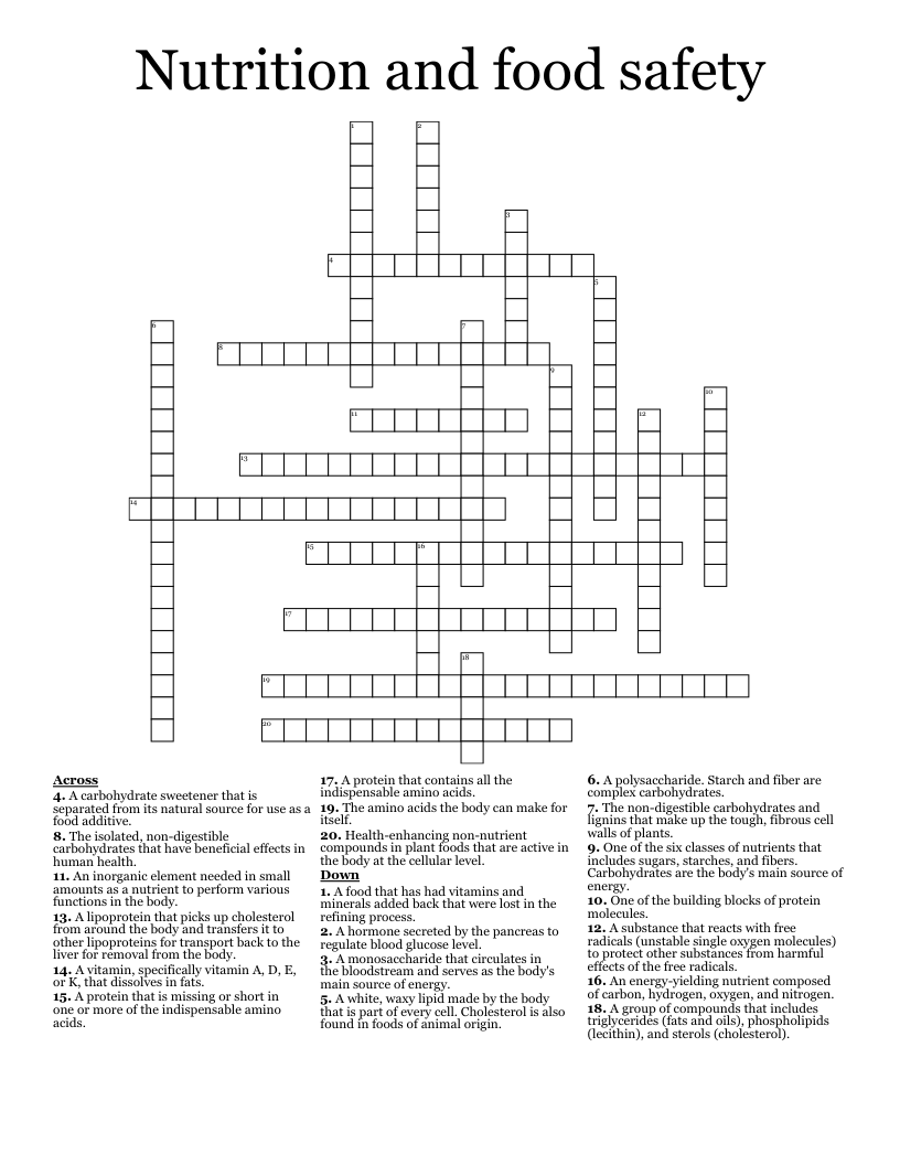 Free Printable Nutrition Crossword Puzzles