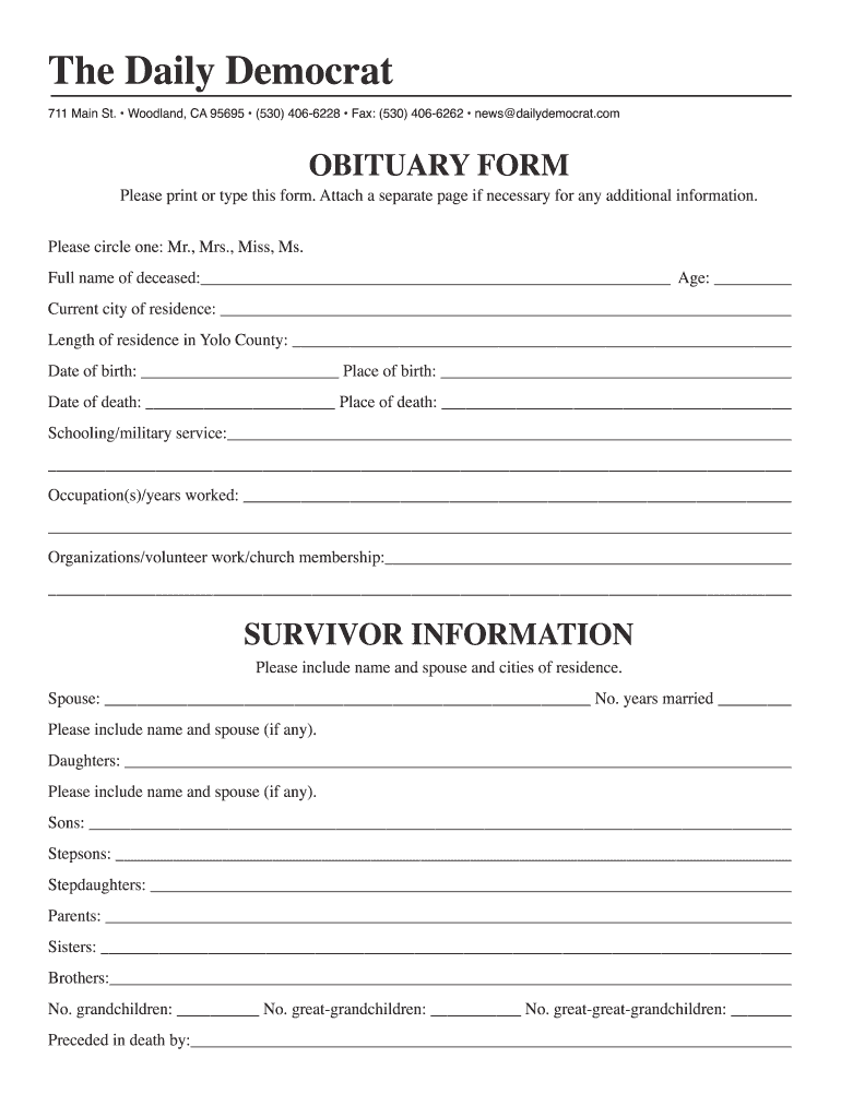 Obituary Outline Fill Online Printable Fillable Blank PdfFiller