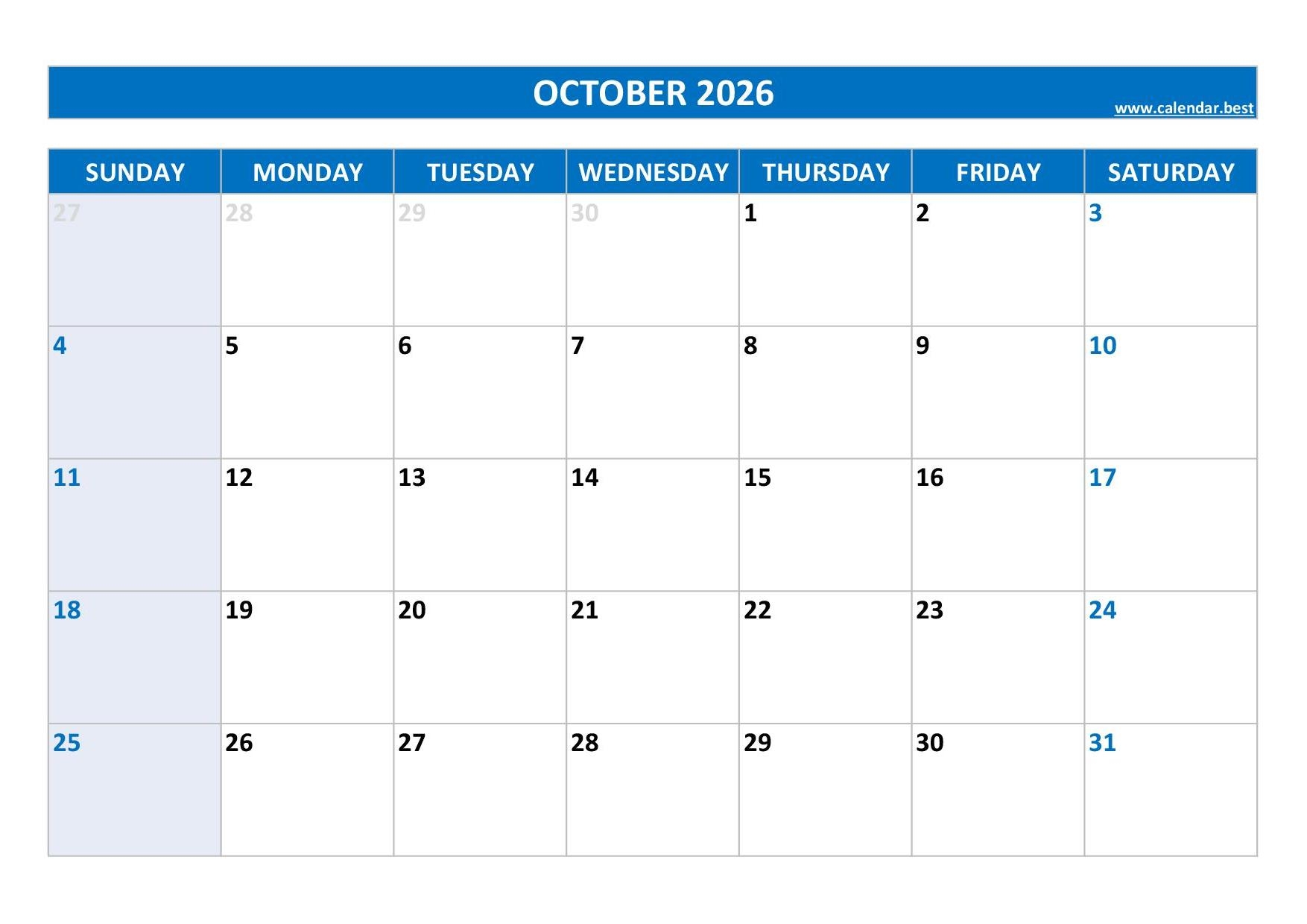 Blank October 2026 Calendar