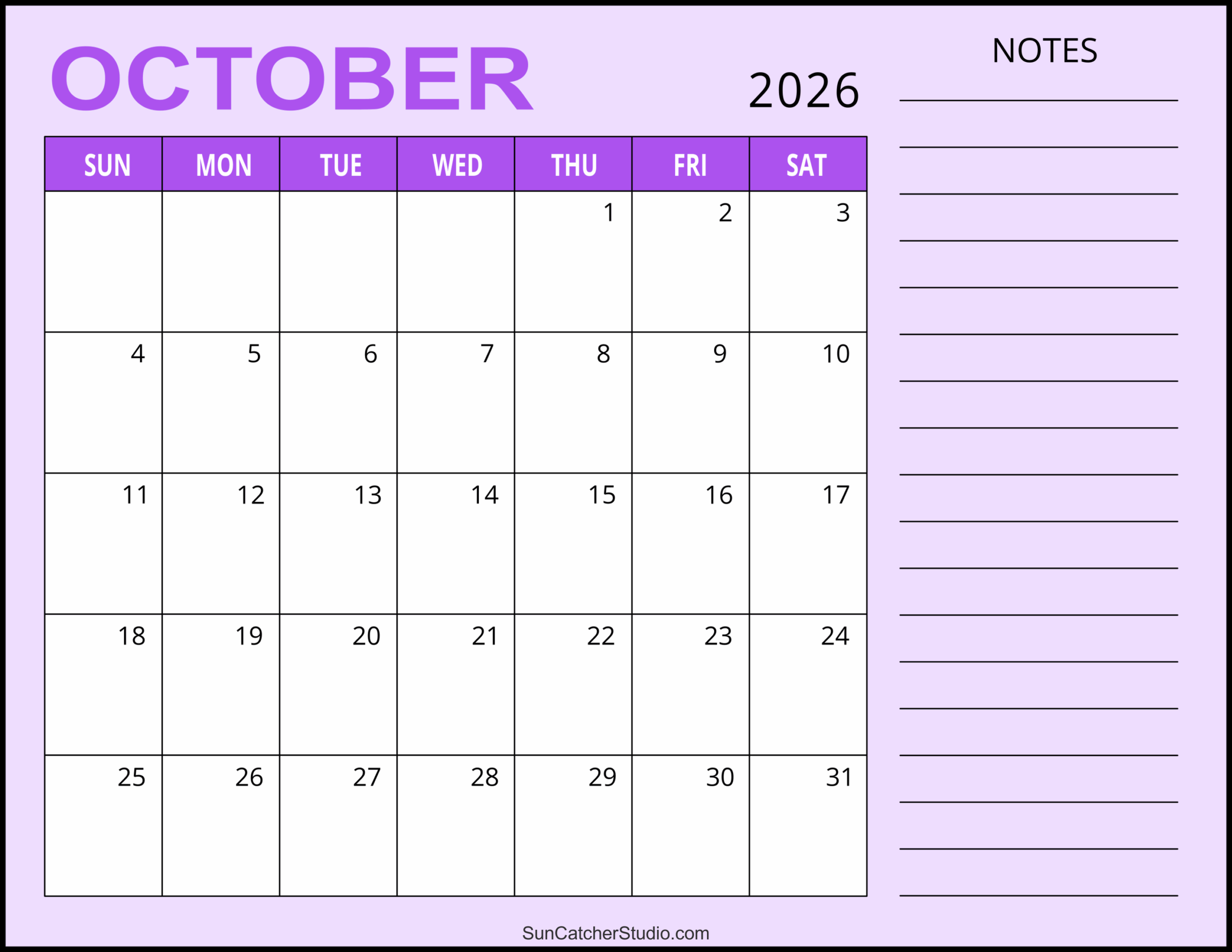 October 2026 Calendar Printable Free Word