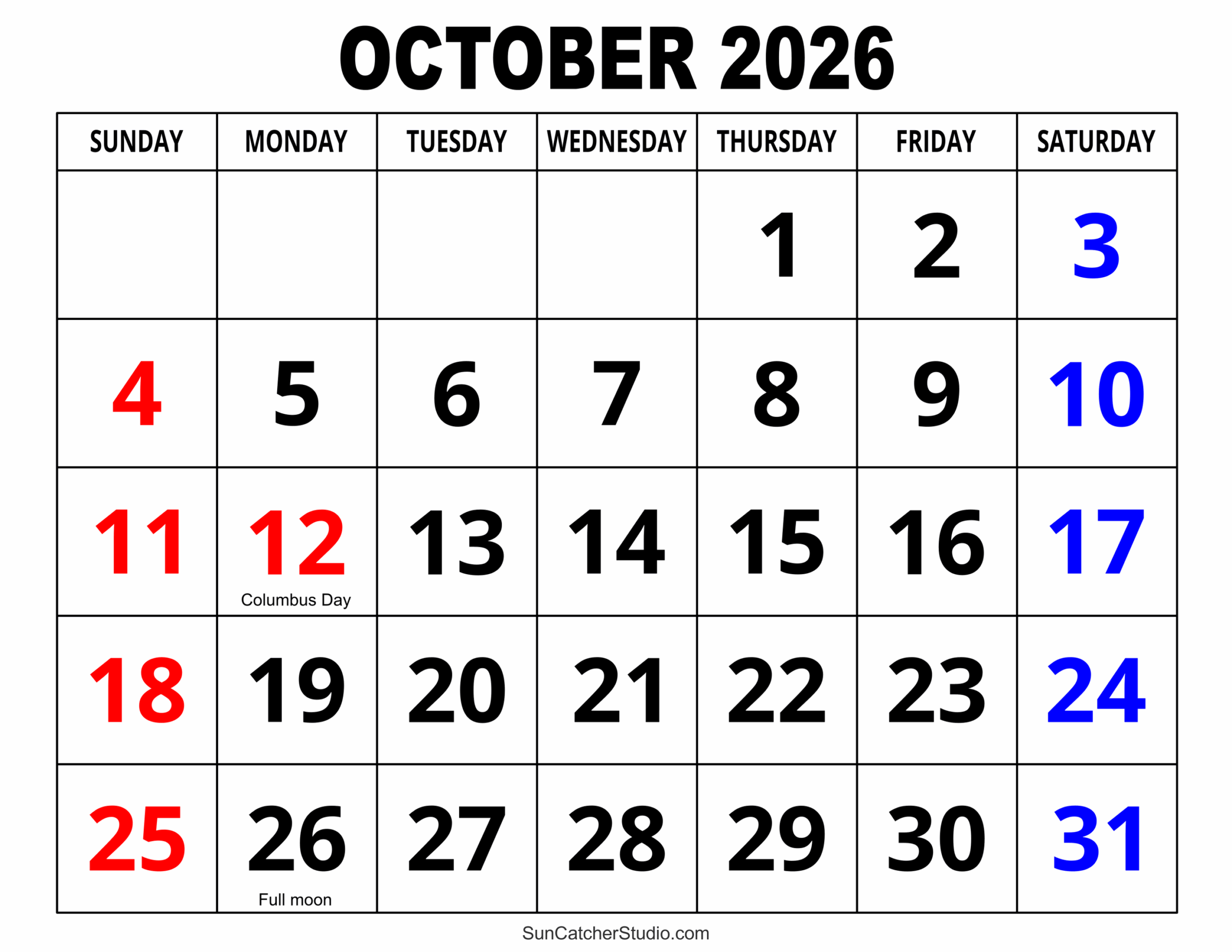 Printable 2026 Calendar October November